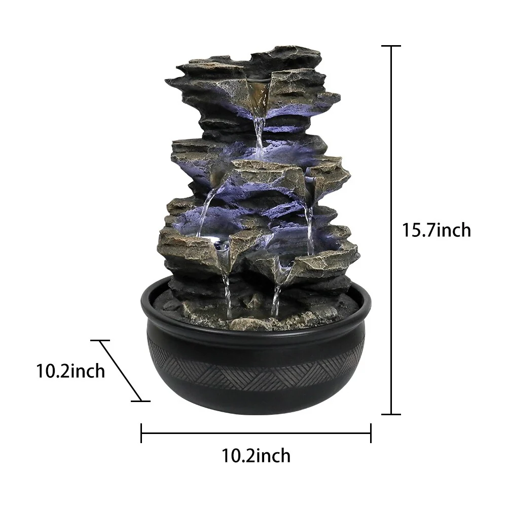 15.7in 4-Tier Cascading Rock Falls Tabletop Water Fountain w/LED Light