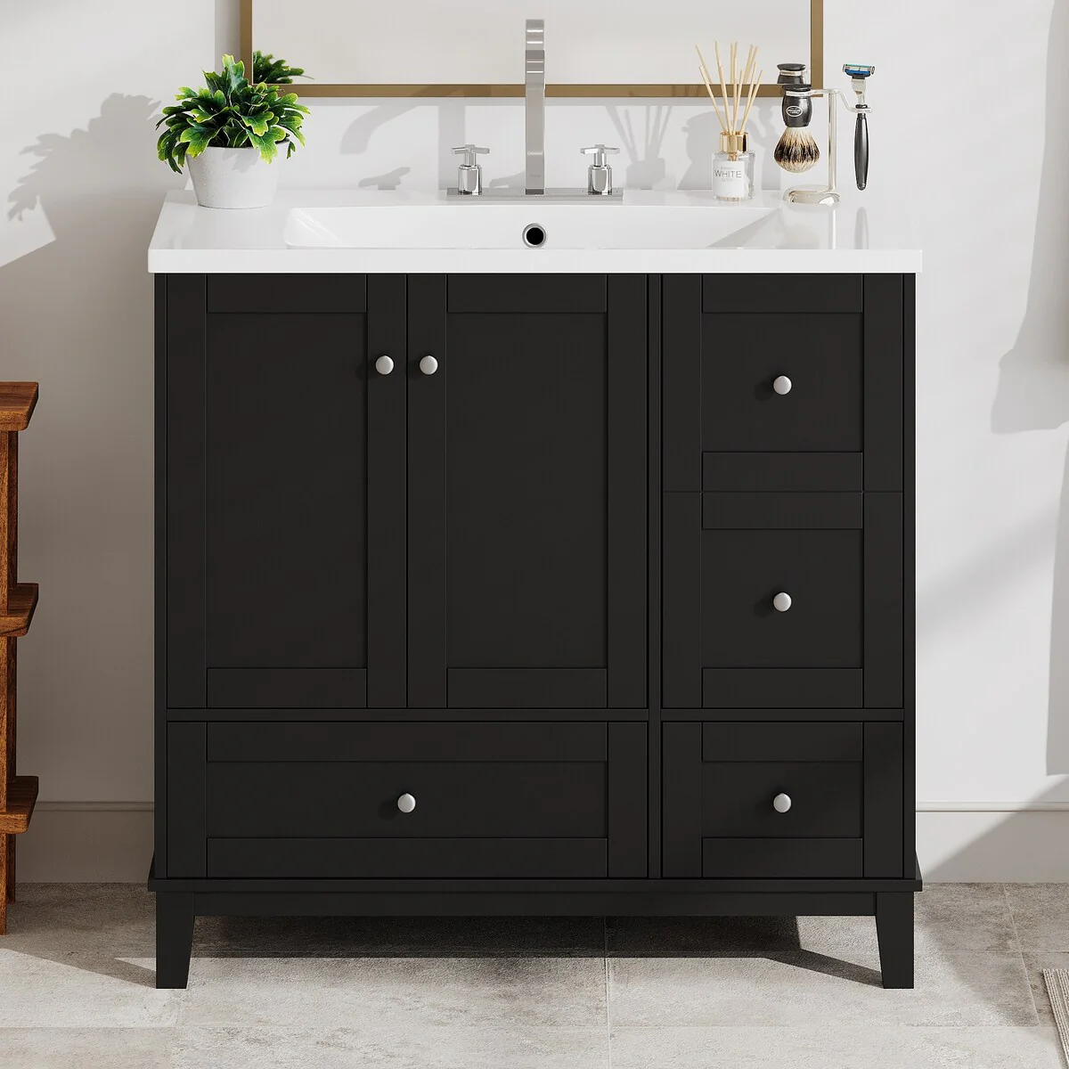 36 Inch Bathroom Vanity with USB Charging, Two Doors and Three Drawers, Small Bathroom Vanity cabinet with single sink