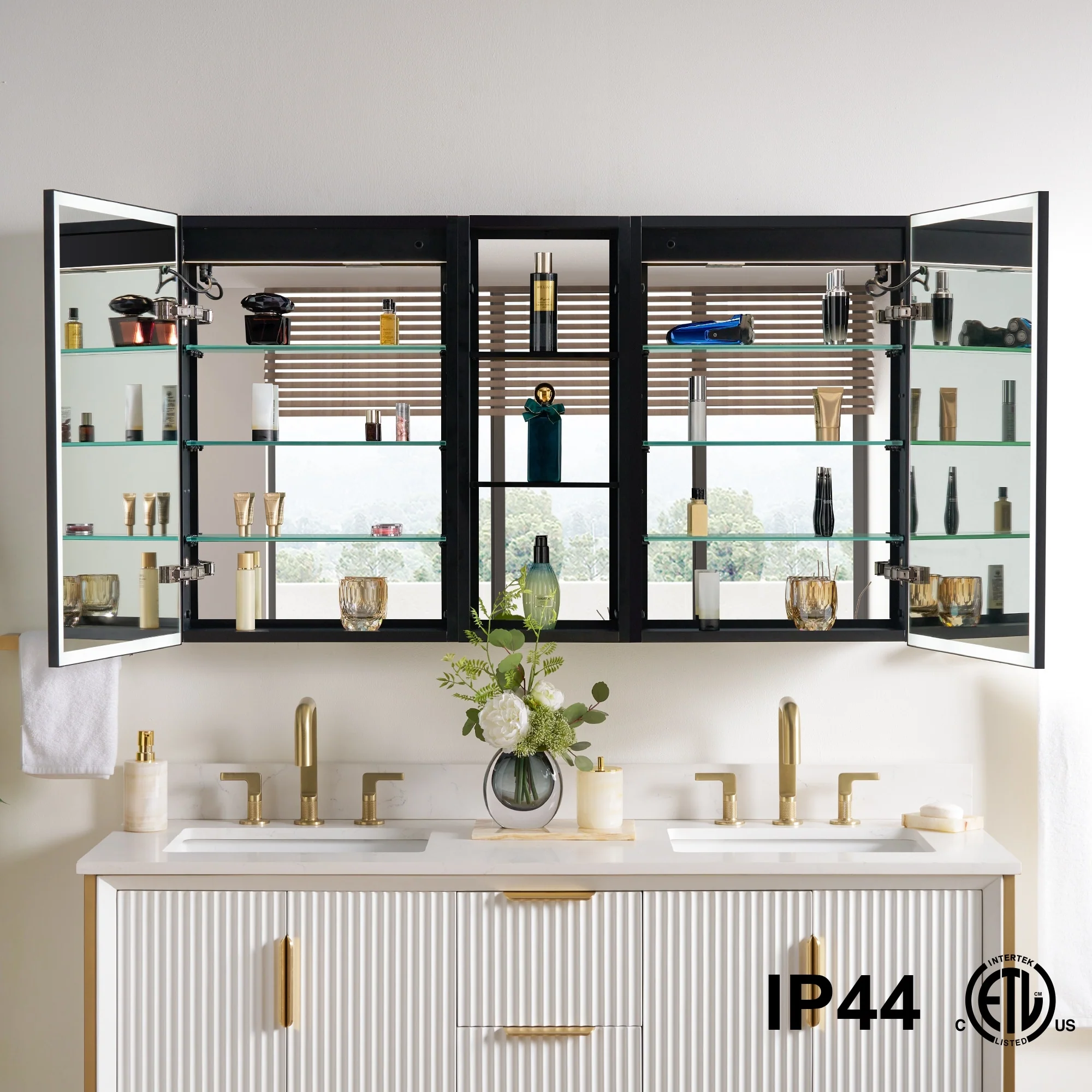 30 in. H Recessed or Surface Wall Mounted LED Mirror Cabinet With Black Side Cabinet