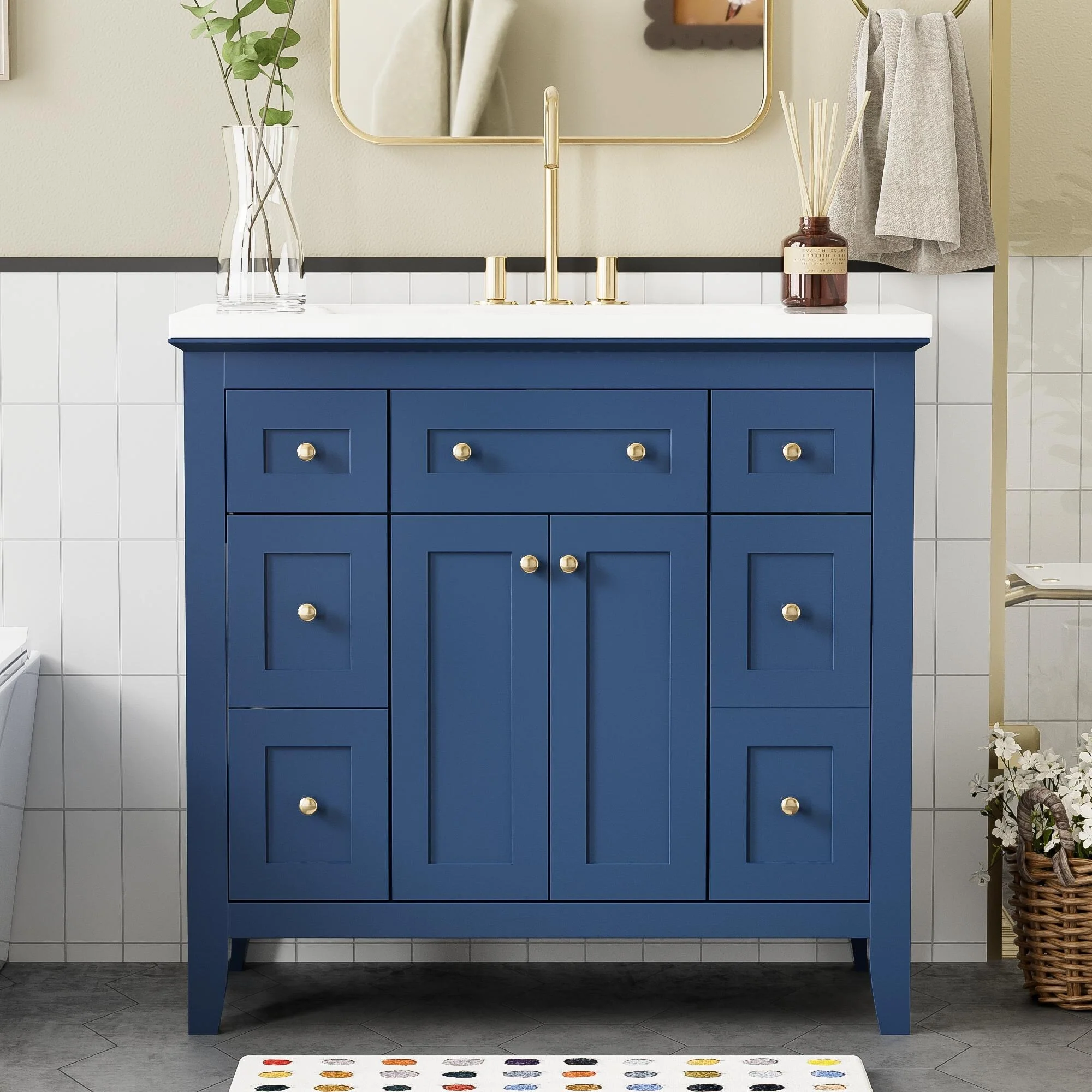 Modern Freestanding Single Bathroom Cabinet with 6 Drawers 2 Cabinets