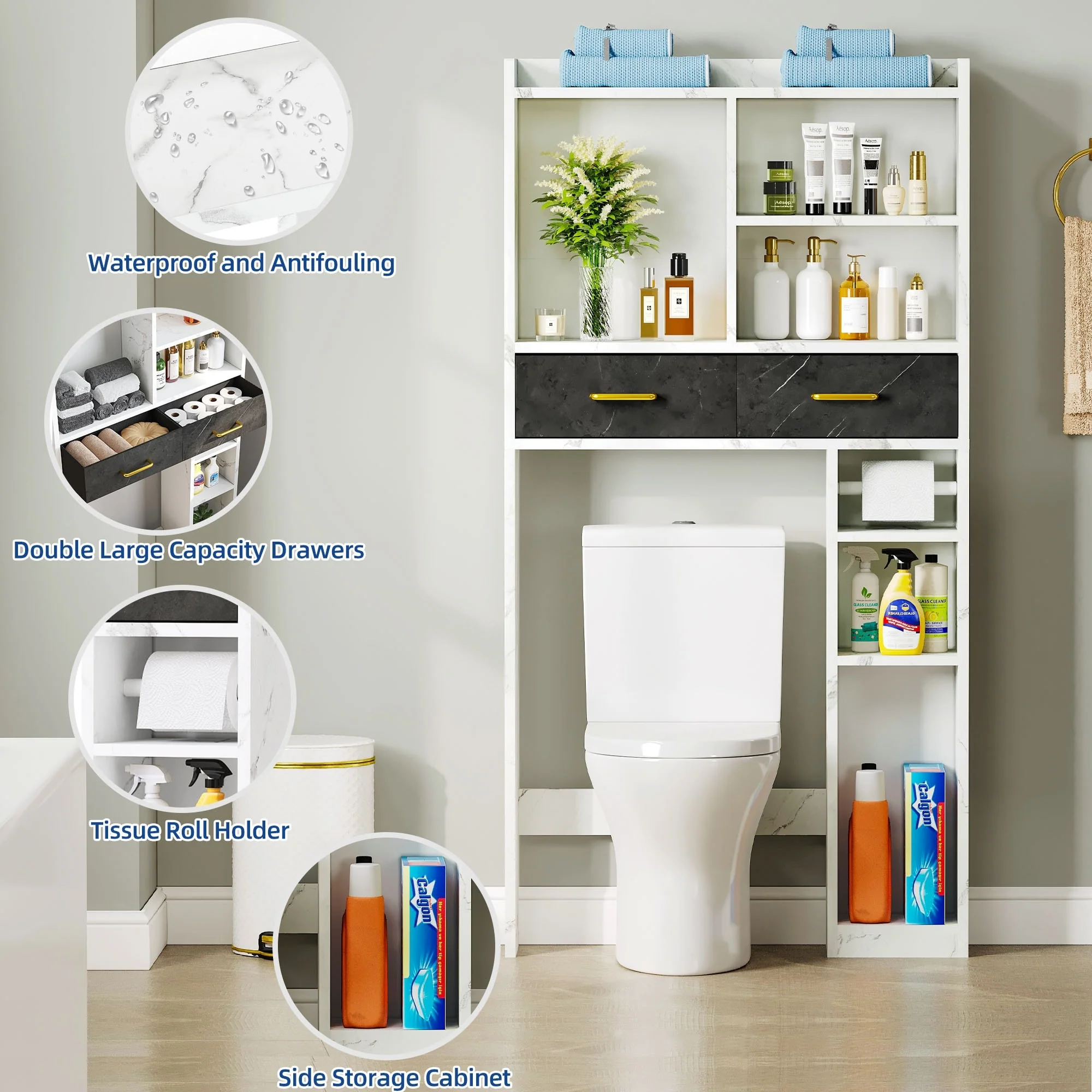 Moasis Bathroom Over The Toilet Storage Cabinet Organizer With 2 Drawer and Shelves