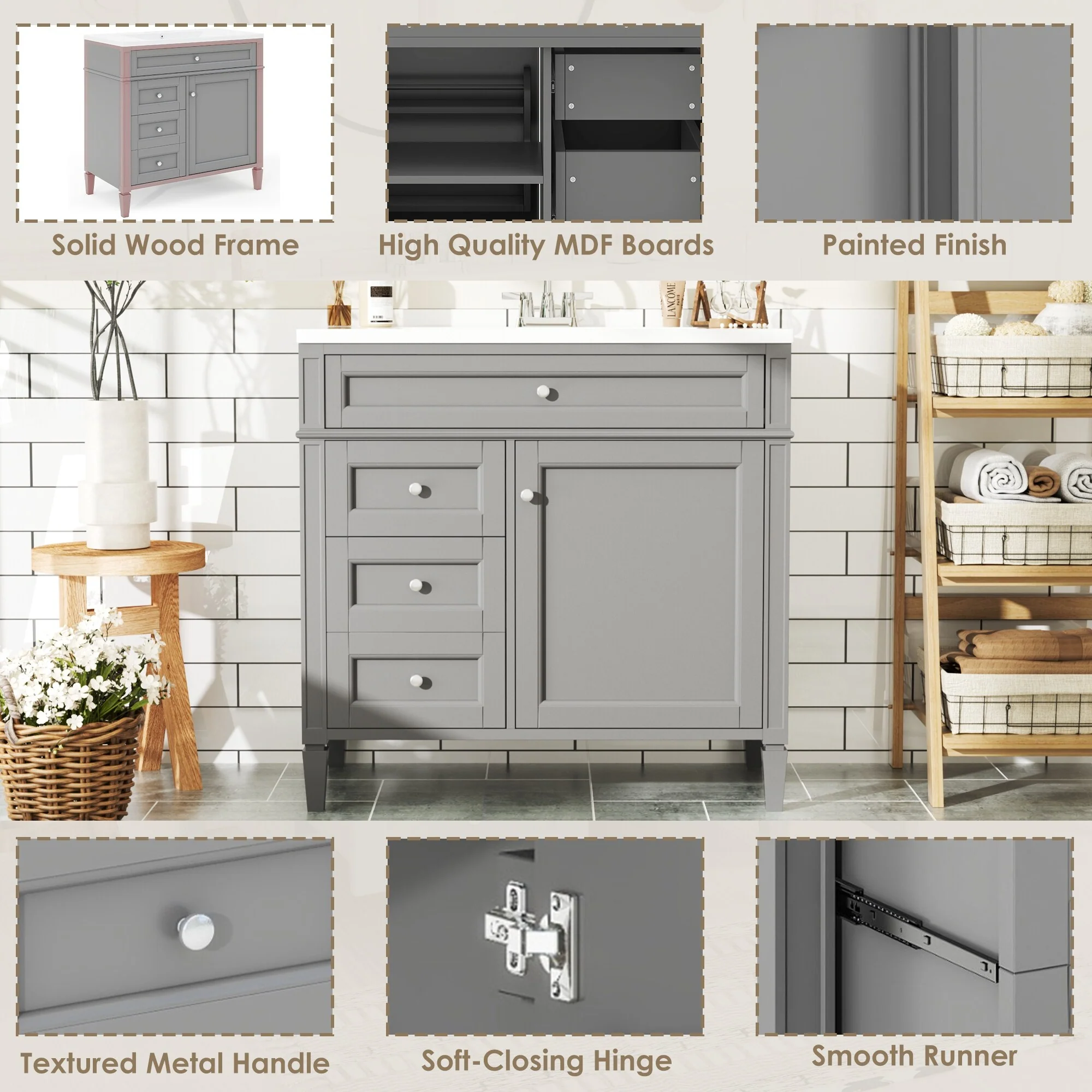 Bathroom Vanity with Single Sink, Bathroom Vanities with 2 Drawers, Bathroom Storage Cabinet with 1 Tip-Out Drawer and 1 Door