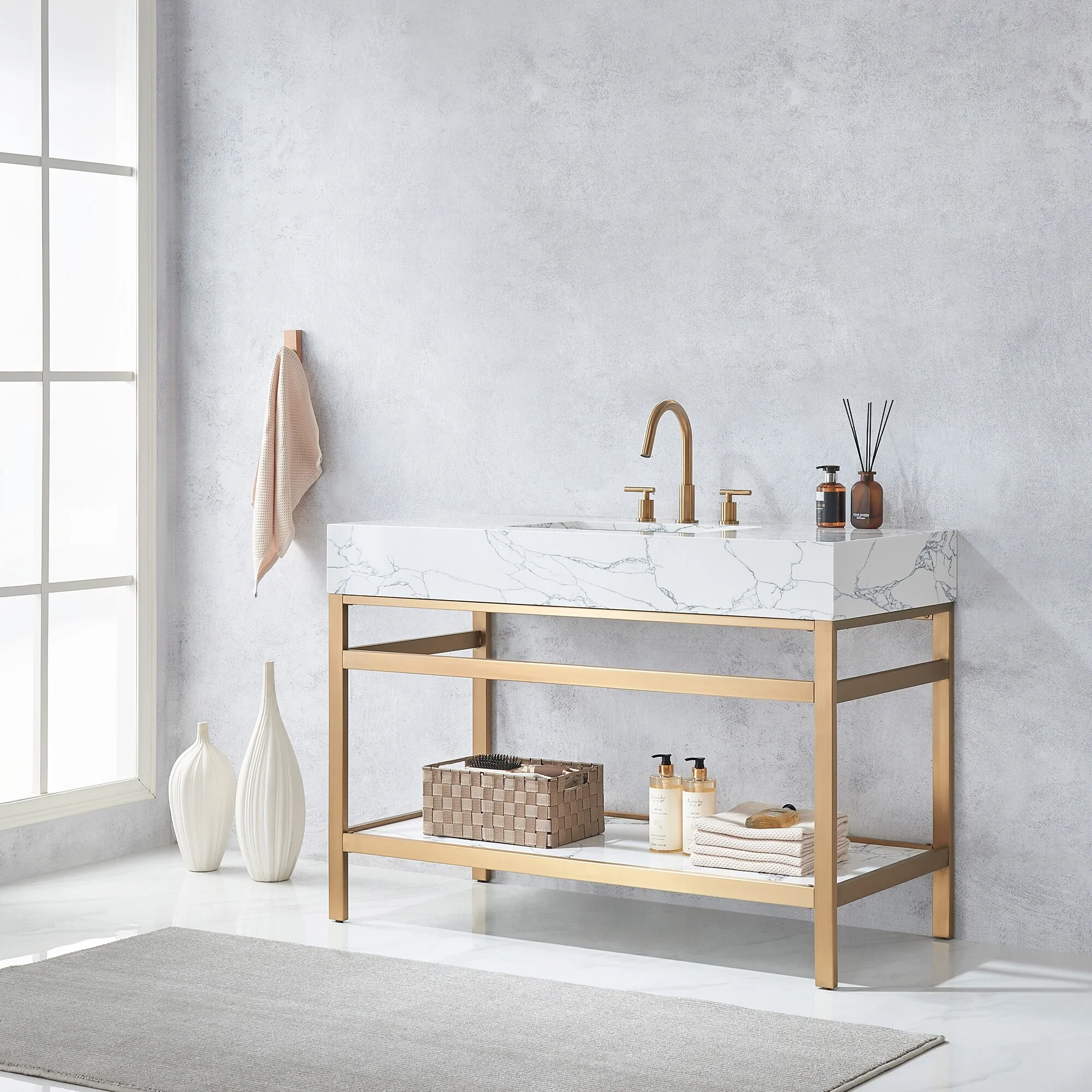 Ecija Bath Vanity, Metal Support with Composite Stone Top, no Mirror