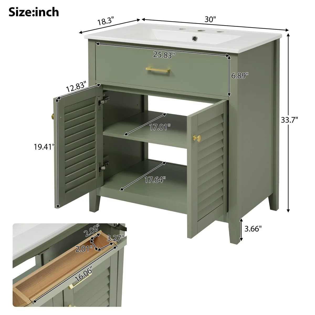 Bathroom Vanity with Ceramic Sink, 1 Pullout Drawer and 2 Doors