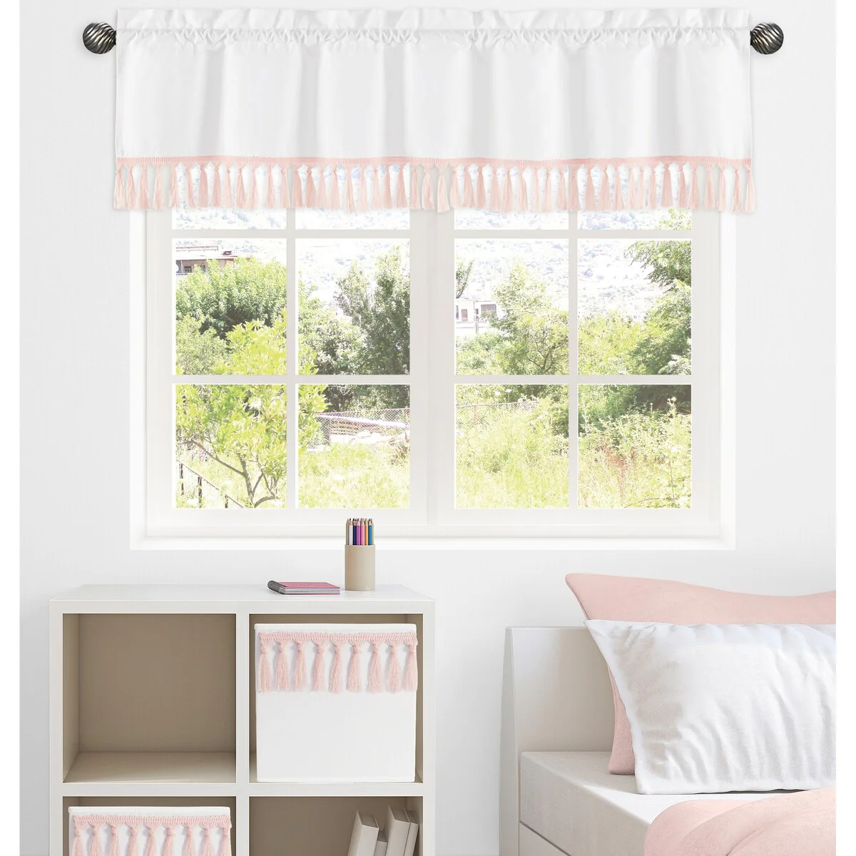 Sweet Jojo Designs White and Pink Girl Window Curtain Valance for Floral Bird Flower Cottagecore Luxury Vintage Botanical Tassel