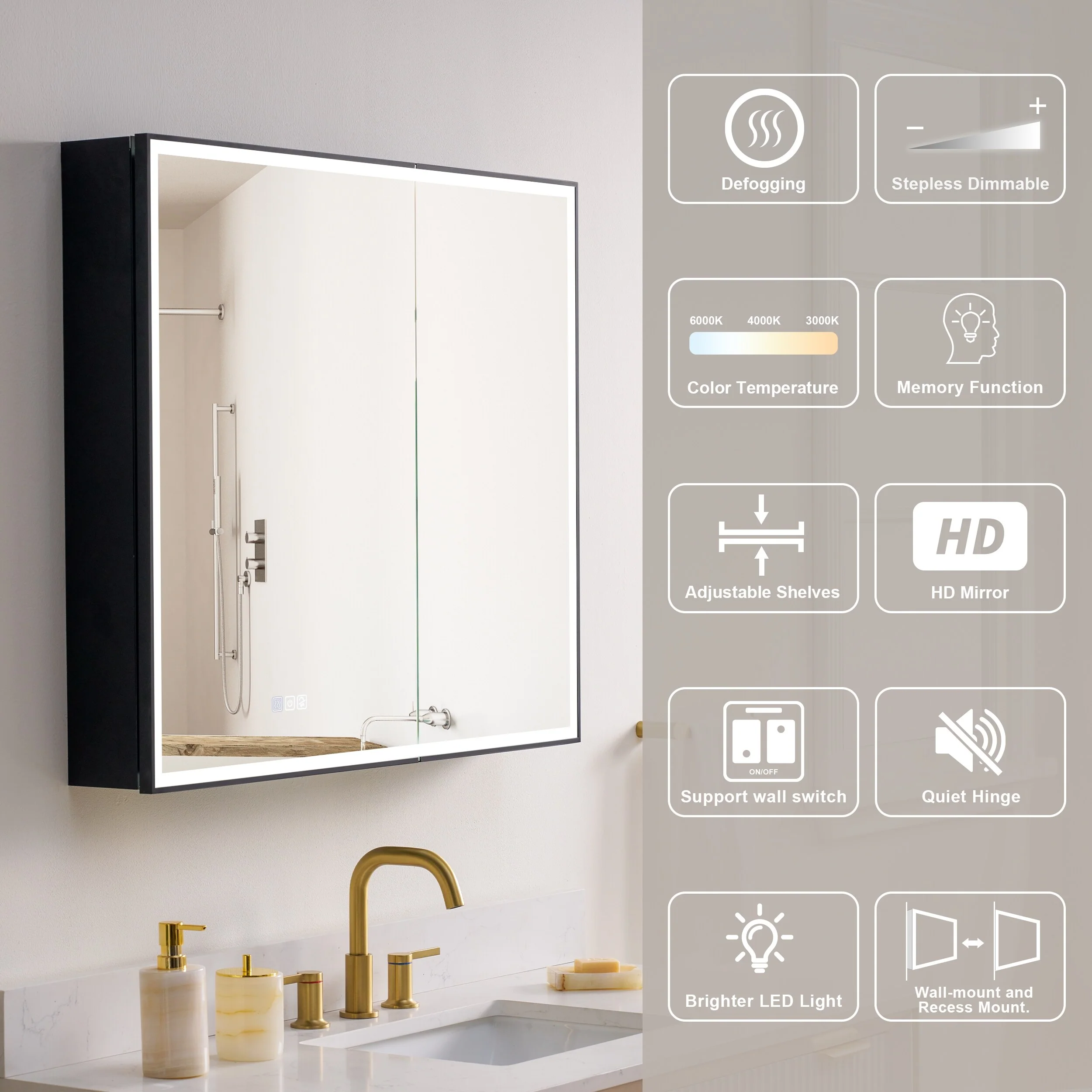 30'' H Recessed Or Surface Wall Mounted LED Mirror Cabinet With Mirror And Adjustable Shelves,Black Frame