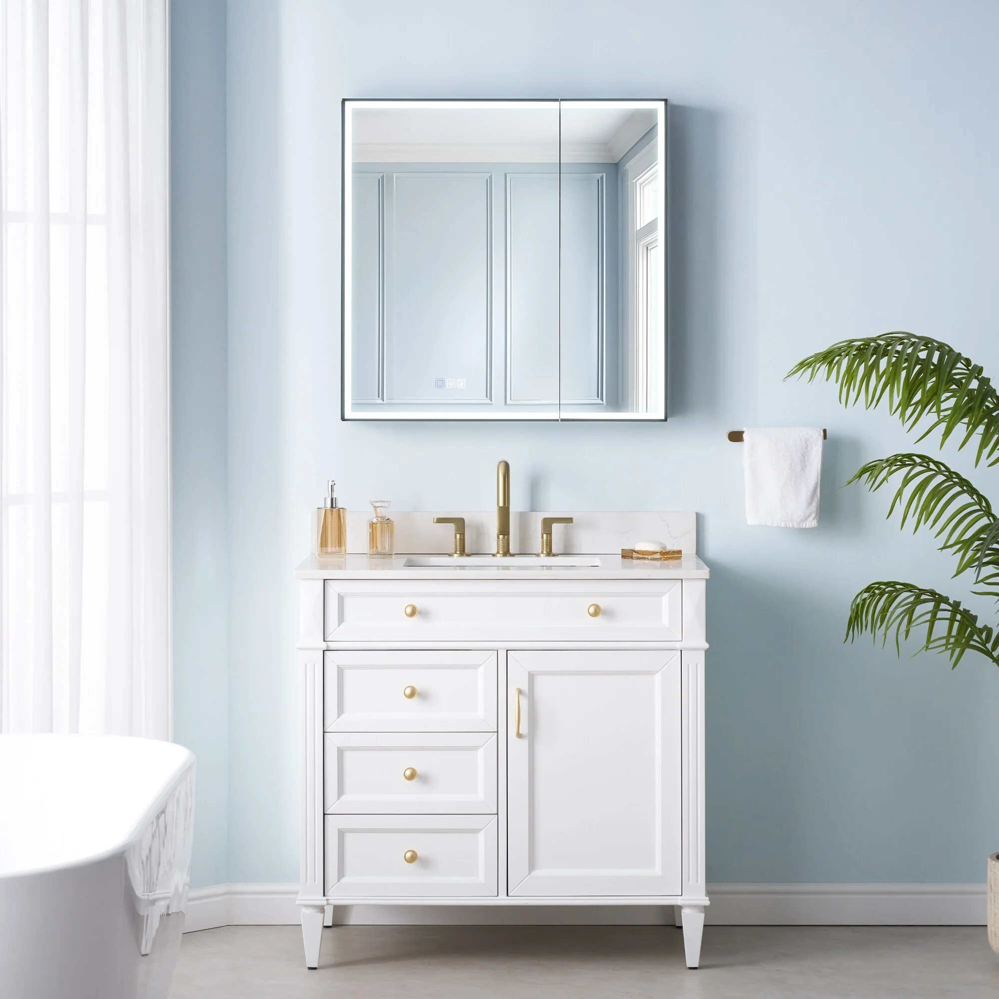 30'' H Recessed Or Surface Wall Mounted LED Mirror Cabinet With Mirror And Adjustable Shelves,Black Frame