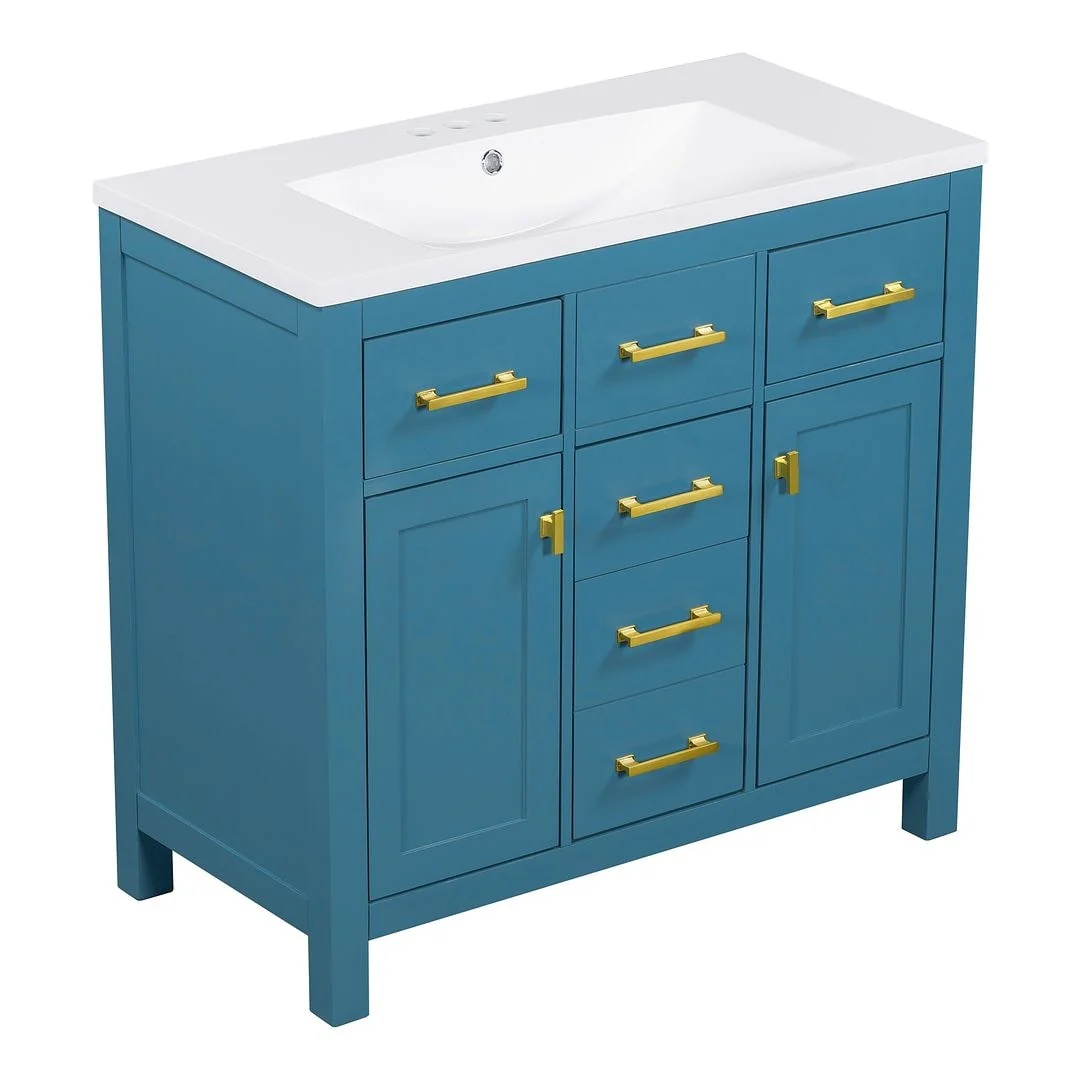 36'' Modern Freestanding Bathroom Vanity with Resin Sink Combo, 4 Drawers and 2 Cabinets