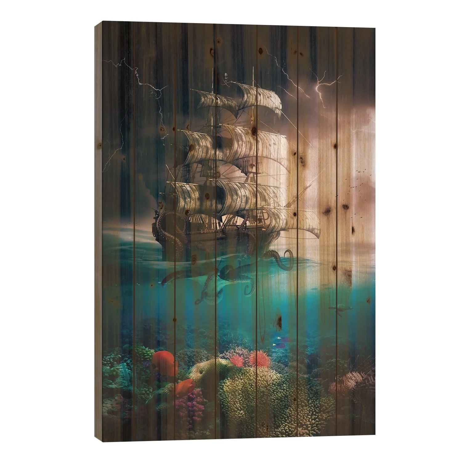 Kraken Attacks Pirate Ship During Thunderstorm Print On Wood by GEN Z - Multi-Color