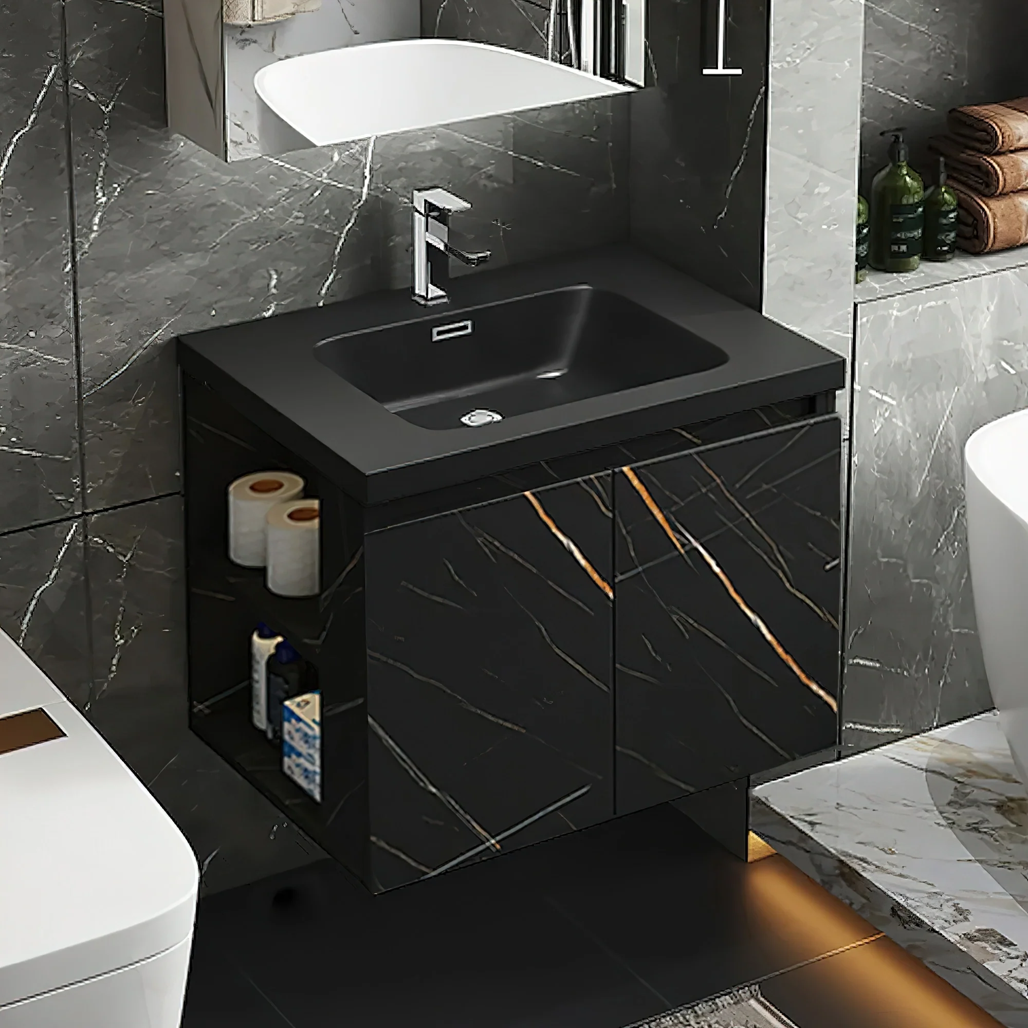 Light Luxury 27.6 in. Single Bathroom Vanity, Stone Countertop Wall Mounted Black Countertop Sink Connected Bathroom Vanity