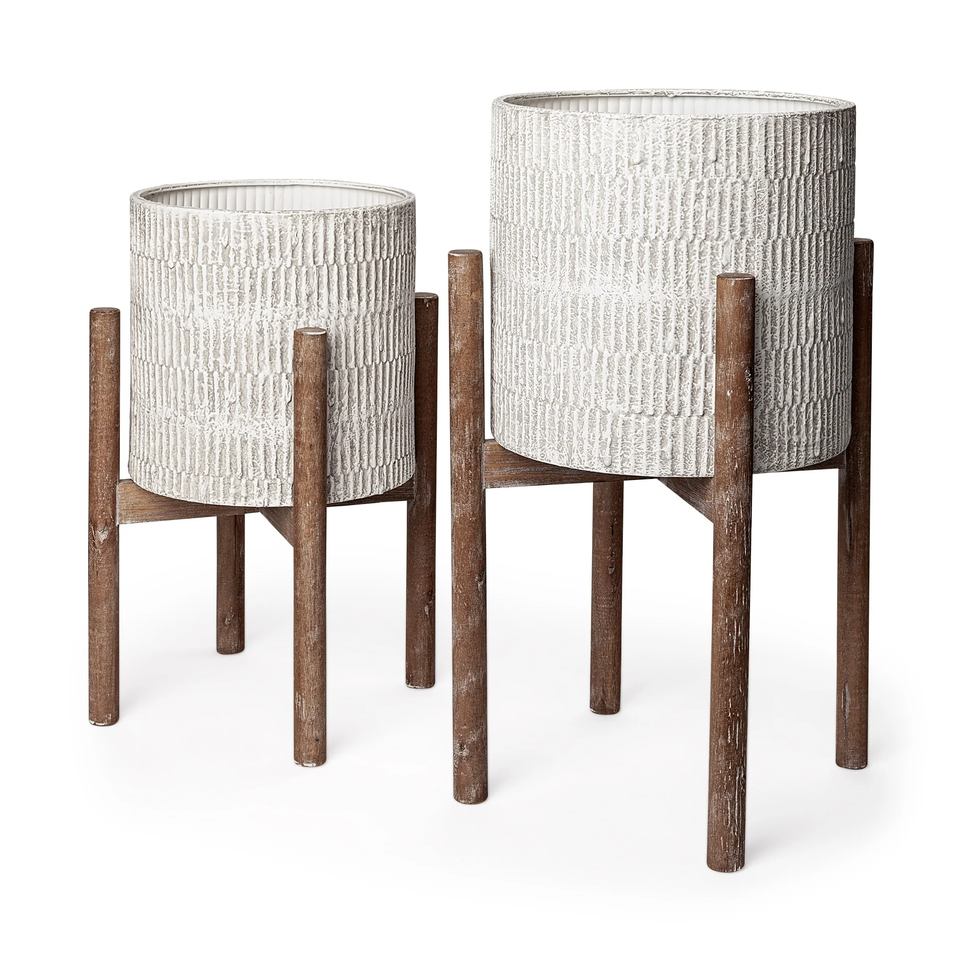 Groot Off-White Metal w/Brown Solid Wood Base Plant Stands (Set of 2)
