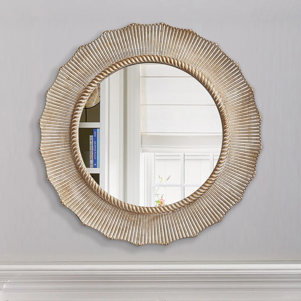 30-in Bohemian Beige Round Wooden Decorative Bathroom Vanity Wall Mirror