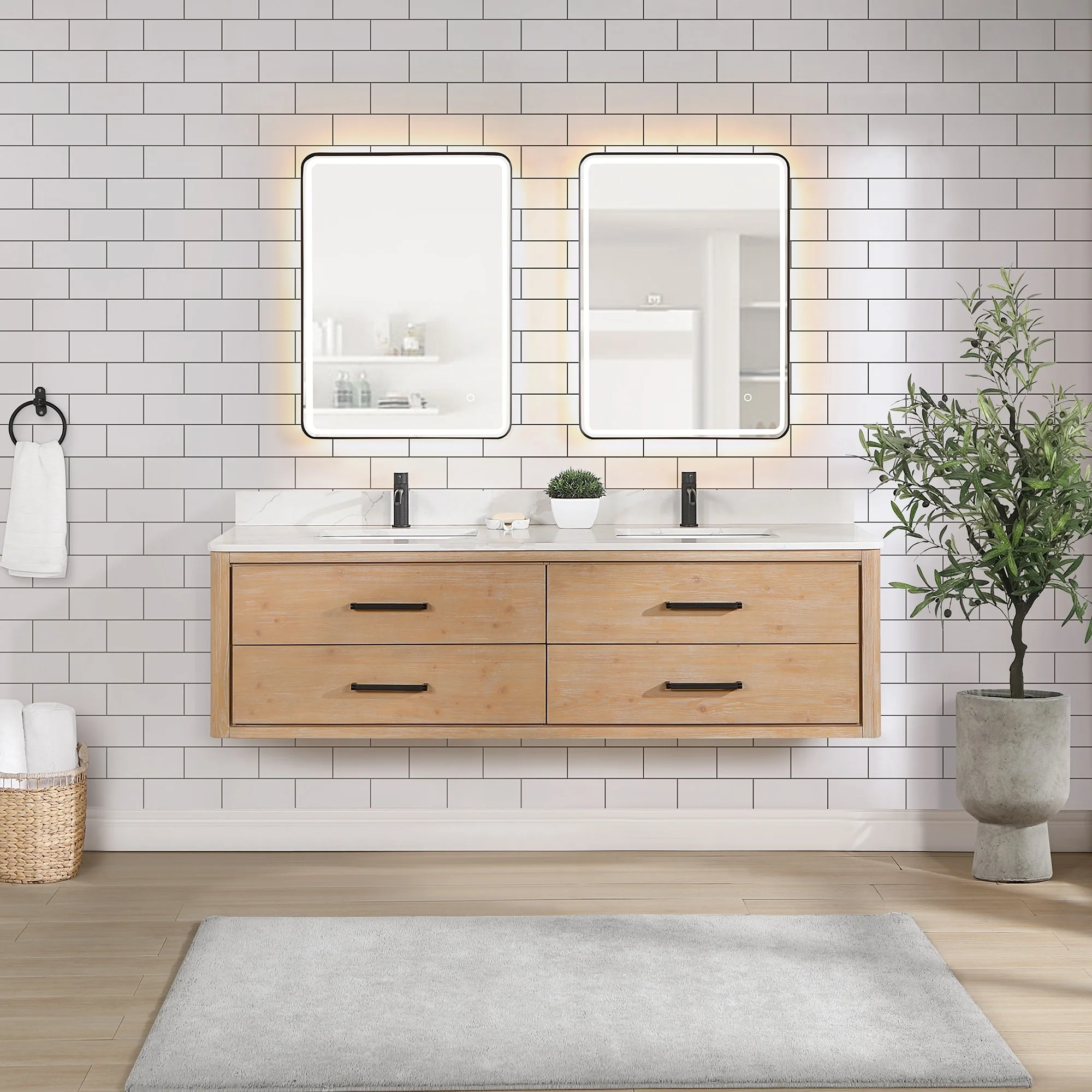 Cristo Floating Bath Vanity with White Quartz Stone Top and Mirror