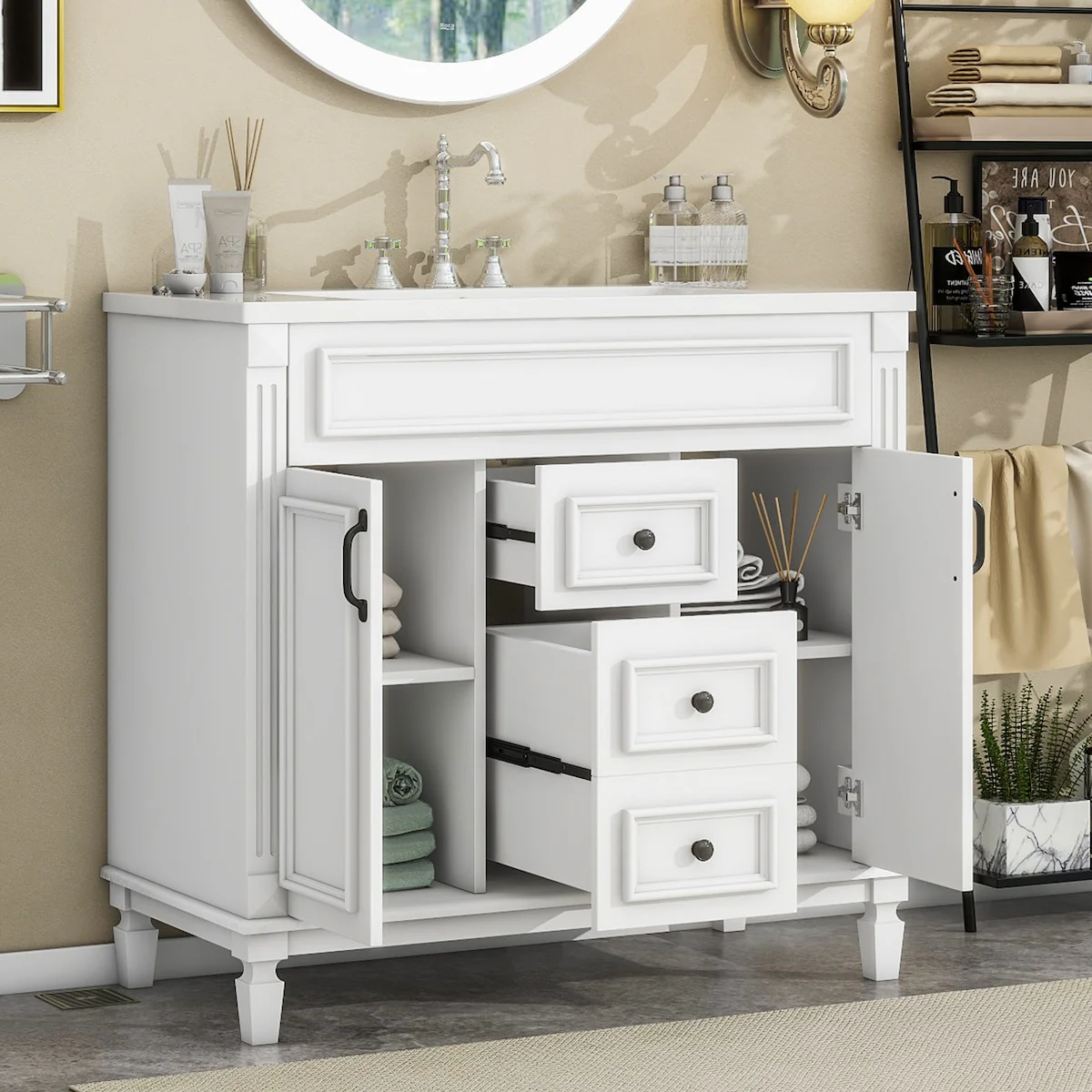 Modern Bathroom Storage Vanity with Top Sink, 2 Soft Closing Doors & 2 Drawers