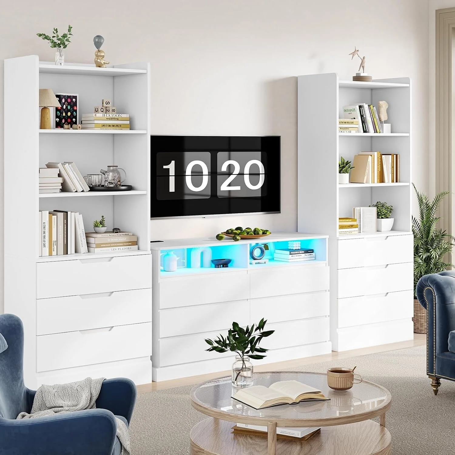 Kitchen Storage Cabinet Bookcase 3 Drawers Open Shelves - N/A