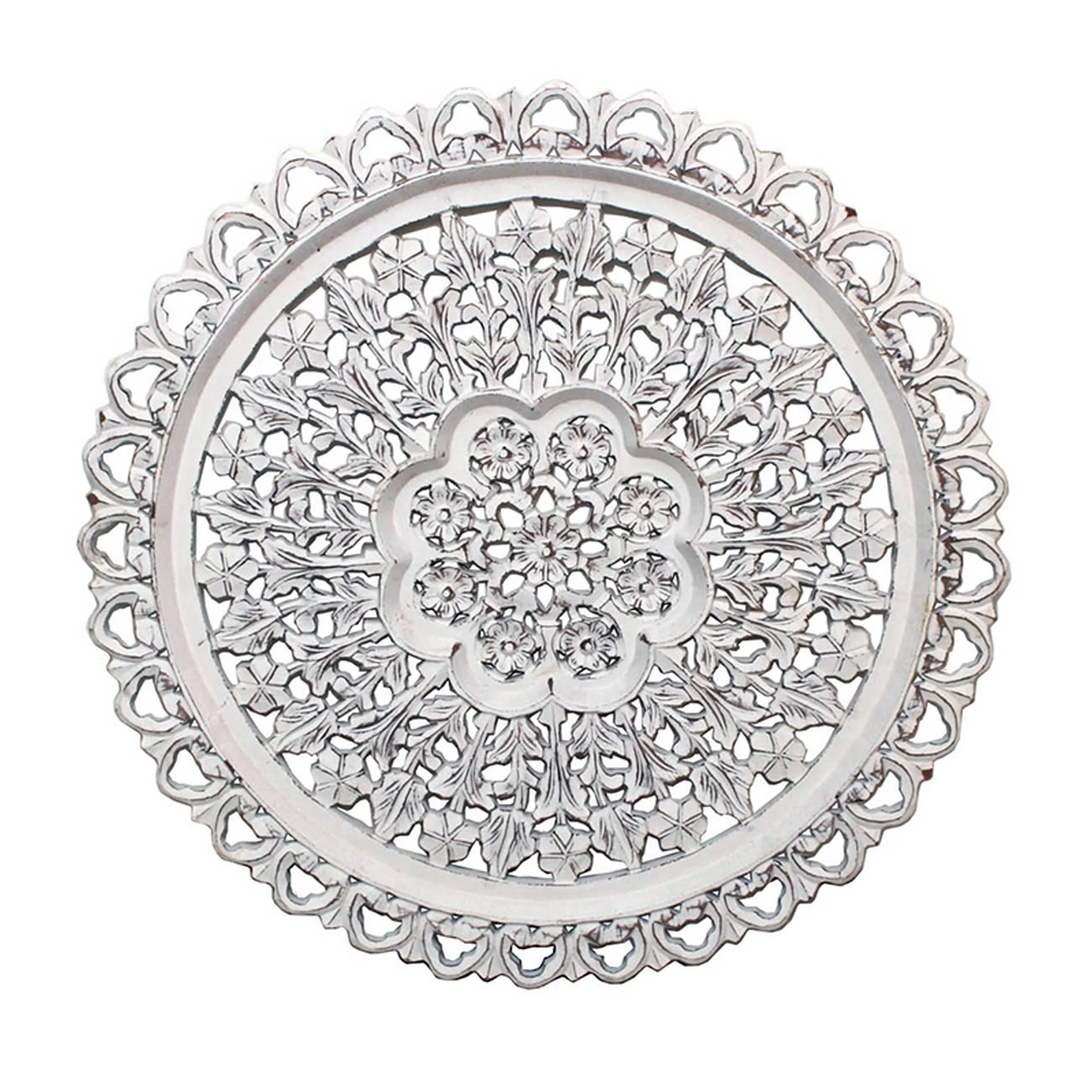 35 Inch Hanging Wall Art Decor, Round, 3D Carved, Rustic White Finish