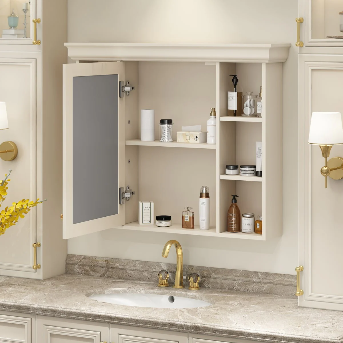 Modern Wall Mounted Bathroom Medicine Cabinet with Mirror Door & 6 Open Shelves