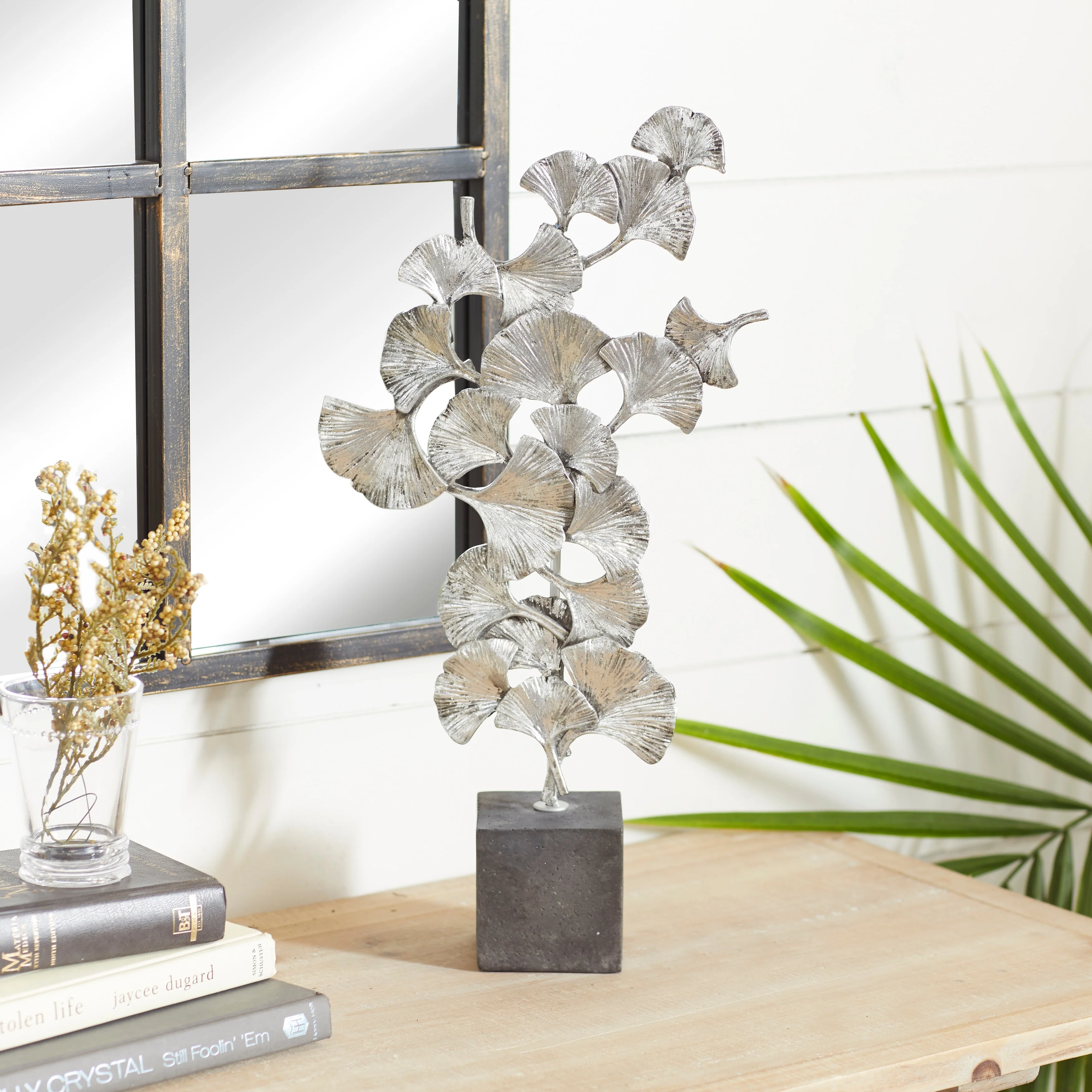 Silver Polystone Floral Decorative Sculpture with Black Block Base - 10 x 3 x 19