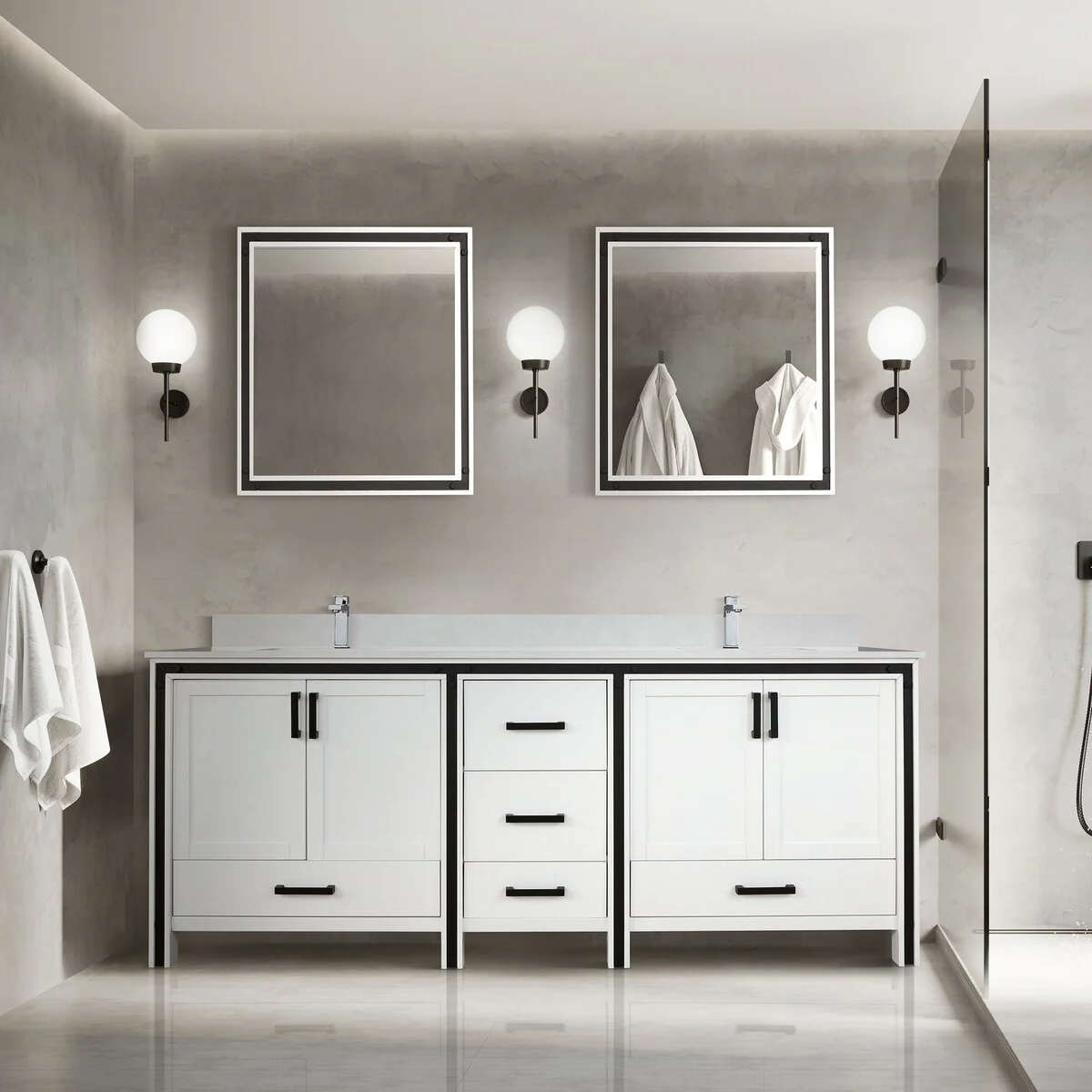 Ziva 80 in W x 22 in D White Double Bath Vanity, White Quartz Top, Faucet Set and 30 in Mirrors