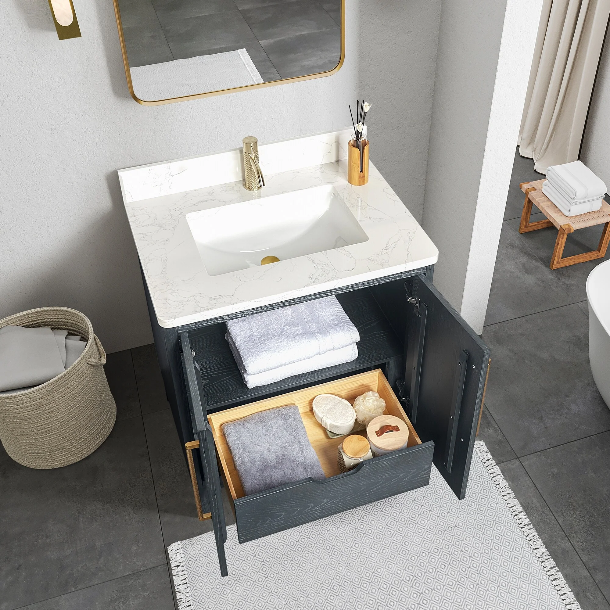 Gara Single Bath Vanity with Composite Stone Top and Mirror