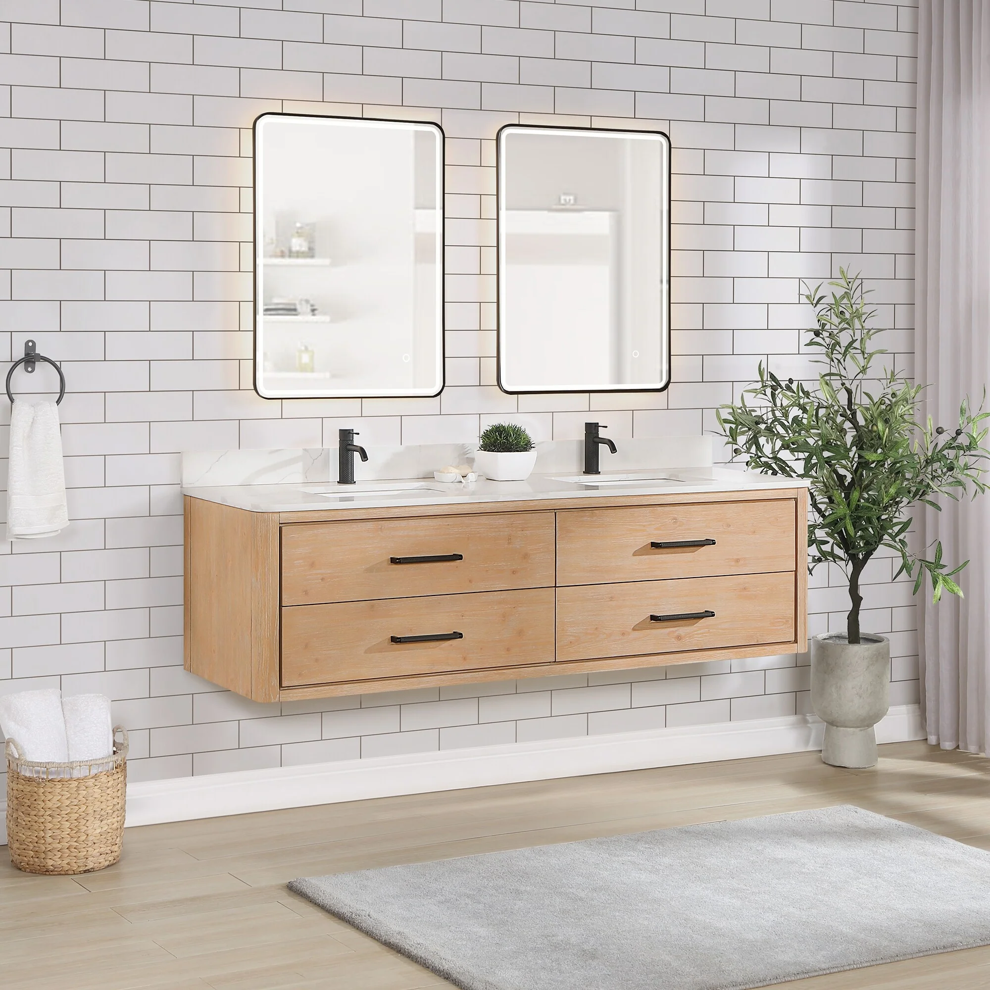 Cristo Floating Bath Vanity with White Quartz Stone Top and Mirror