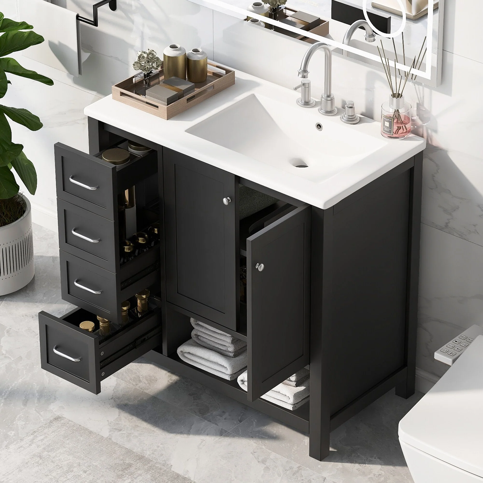Bathroom Vanity with Ceramic Sink, Bathroom Storage Cabinet with 2 Drawers, Bathroom Vanity with 1 Tip-Out Drawer and 1 Door