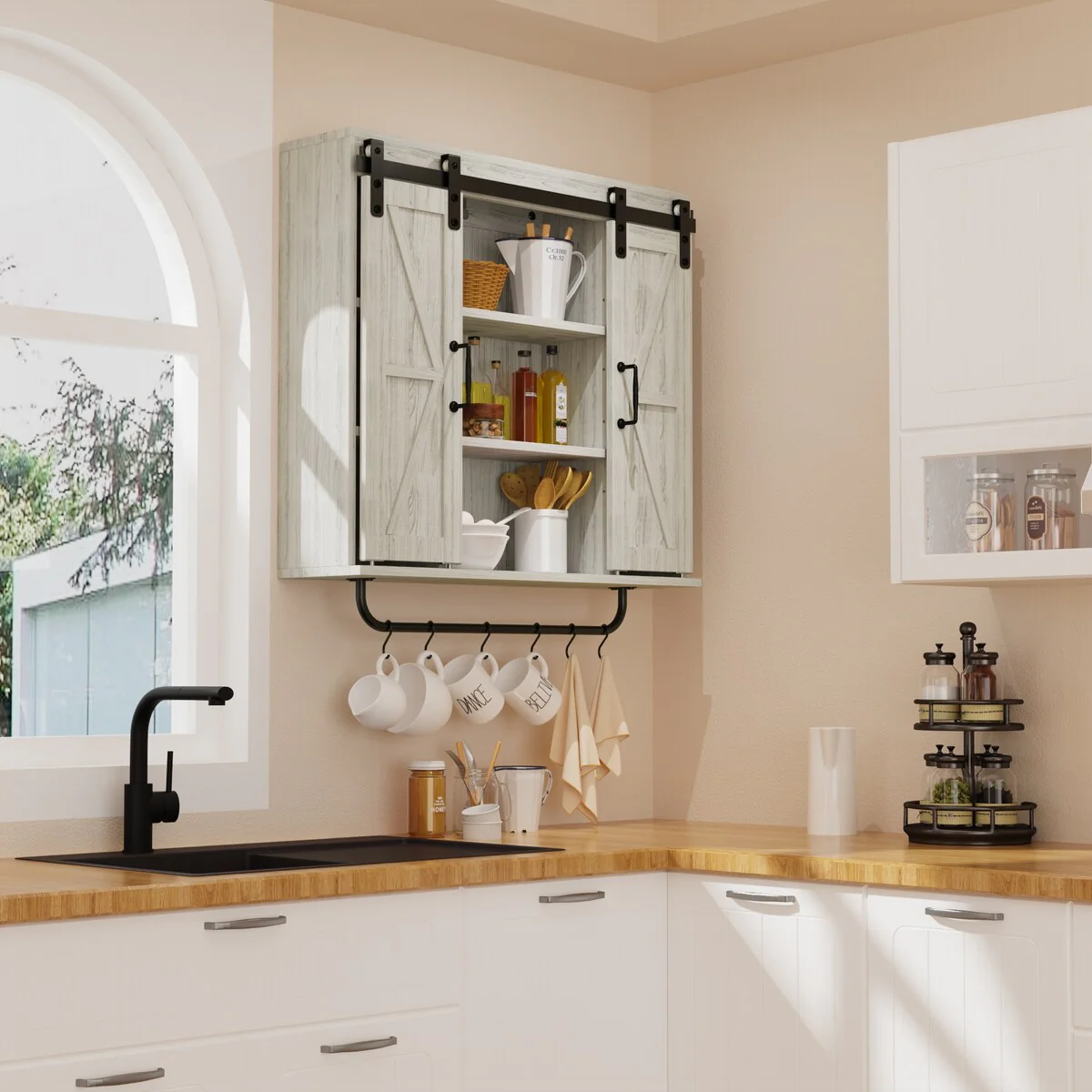 Rustic Wood Wall Storage Cabinet with Two Sliding Barn Door, 3-Tier Decorative Farmhouse Vintage Cabinet