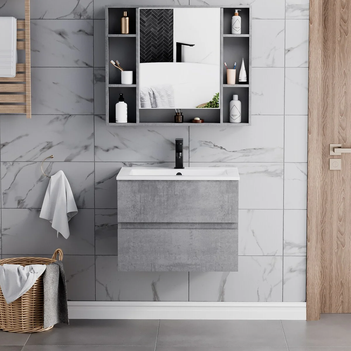 Wall Mounted Bathroom Vanity Sink Combo Cabinet Vanity Set Beveled Invisible Handles