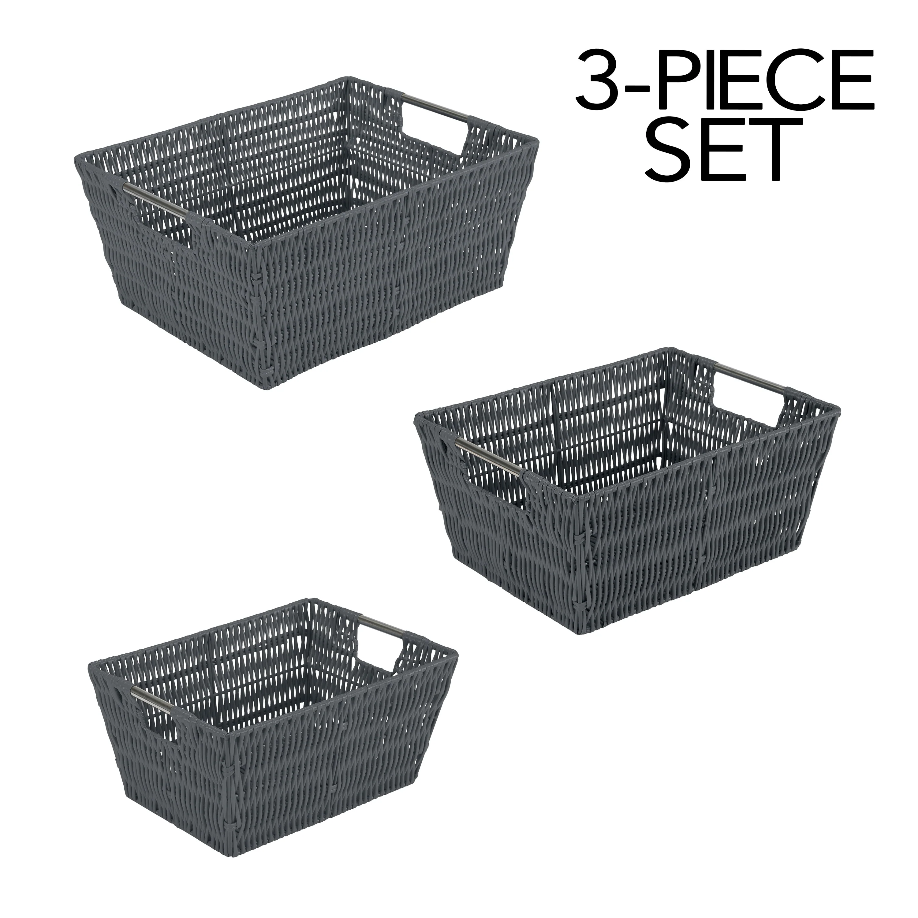 Simplify 3 Pack Set Rattan Tote Baskets in Charcoal