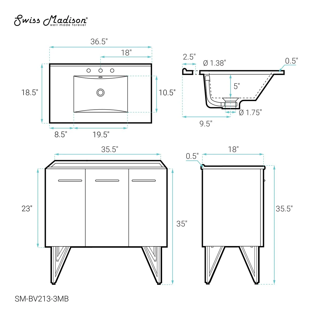 Annecy 36 In. White Bathroom Vanity With Black, 3-Hole Ceramic Sink Top
