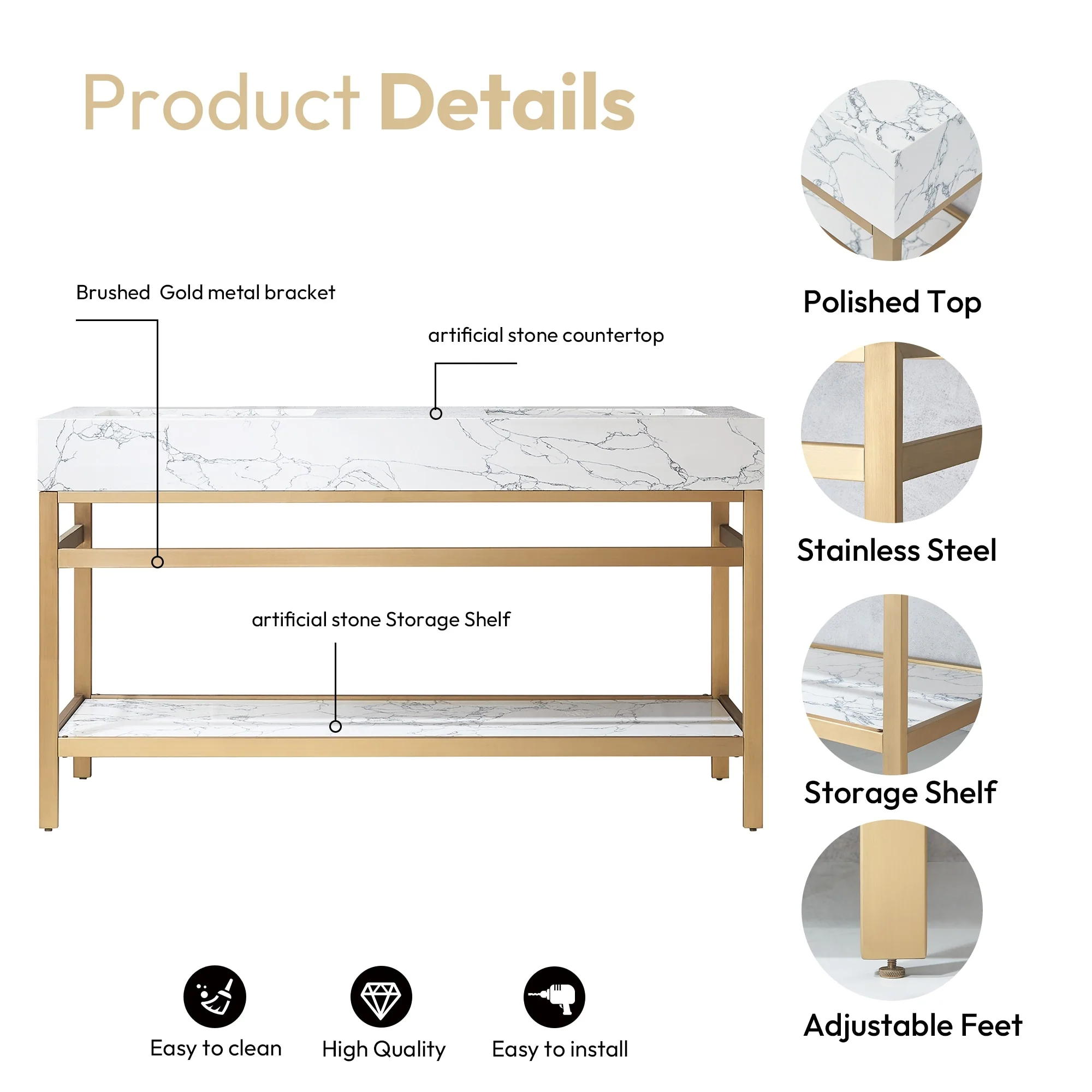Ecija Bath Vanity, Metal Support with Composite Stone Top, no Mirror