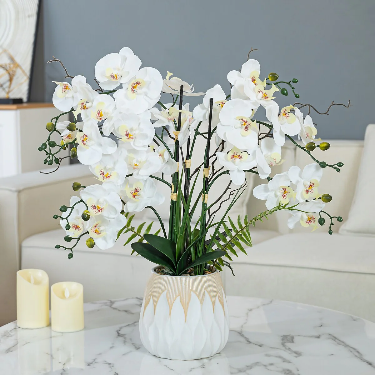7 Stems Real Touch Phalaenopsis Plastic Orchids with Green Leaf in White Ceramic Pot - 32.28