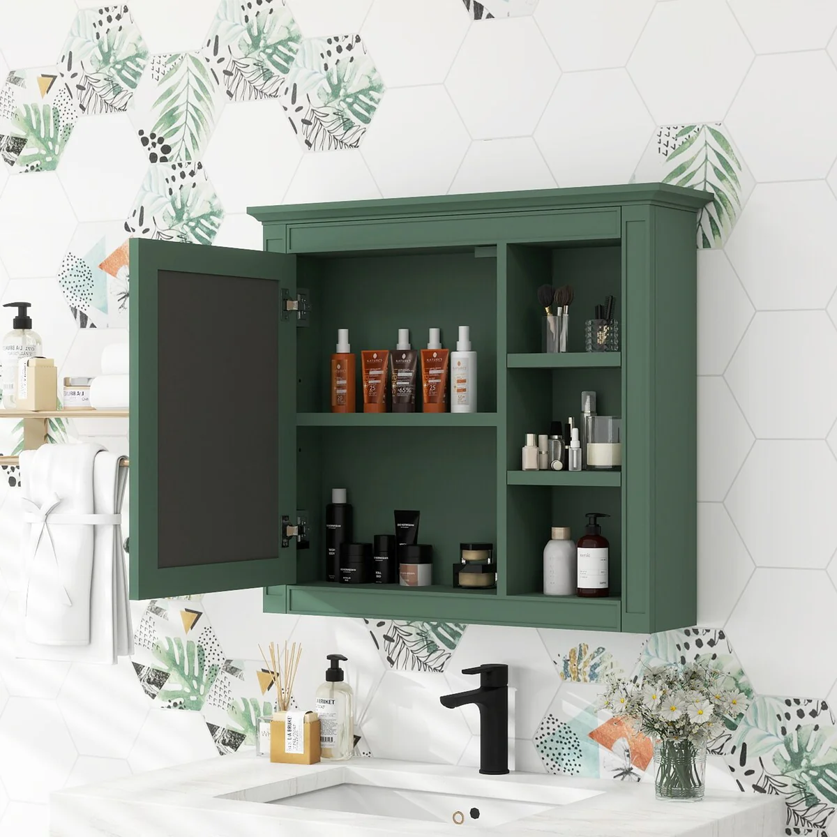 30'' x 28'' Wall Mounted Bathroom Storage Cabinet, Modern Bathroom Wall Cabinet with Mirror,Mirror Cabinet with 3 Open Shelves