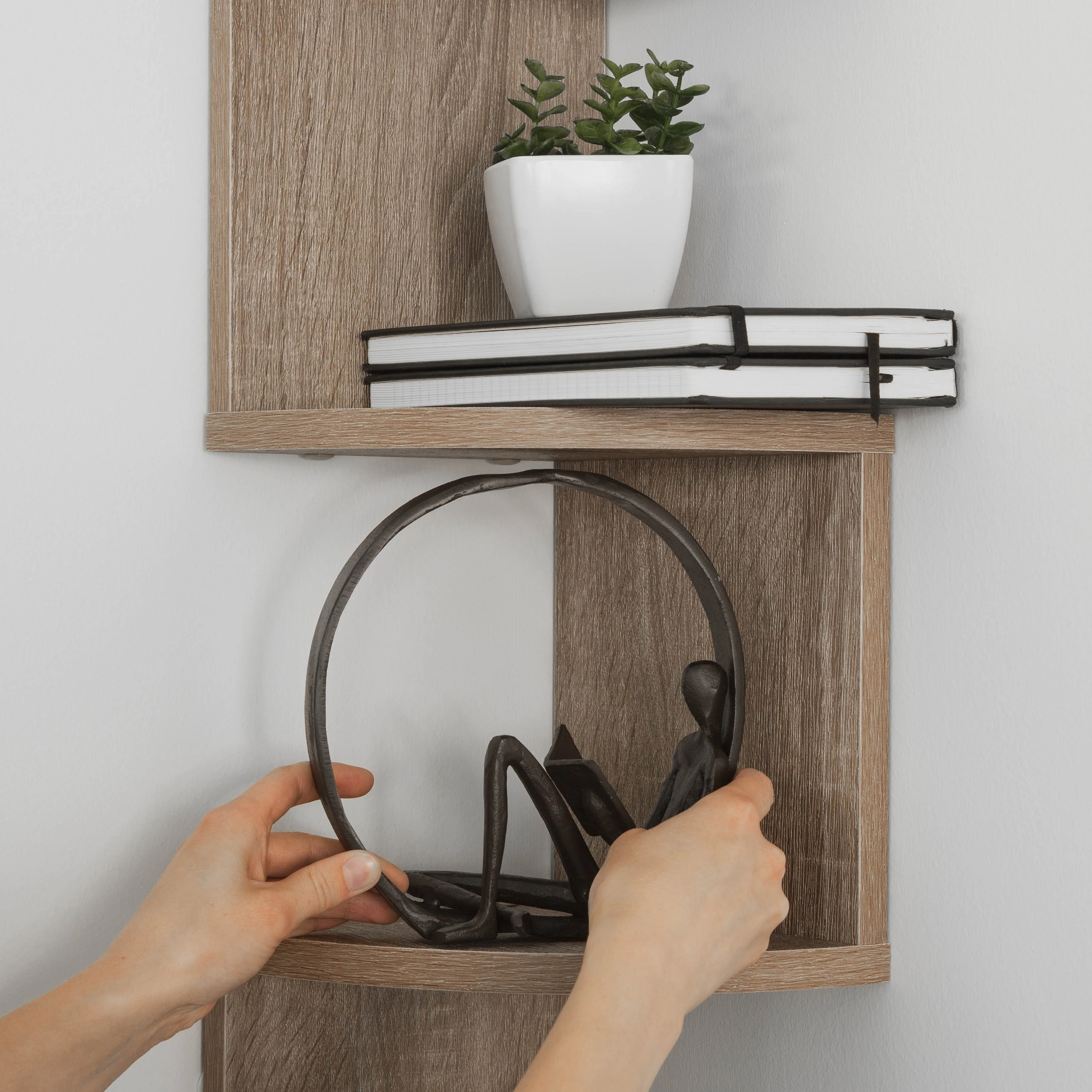 Large Weathered Oak Laminate Corner Wall Mount Shelf