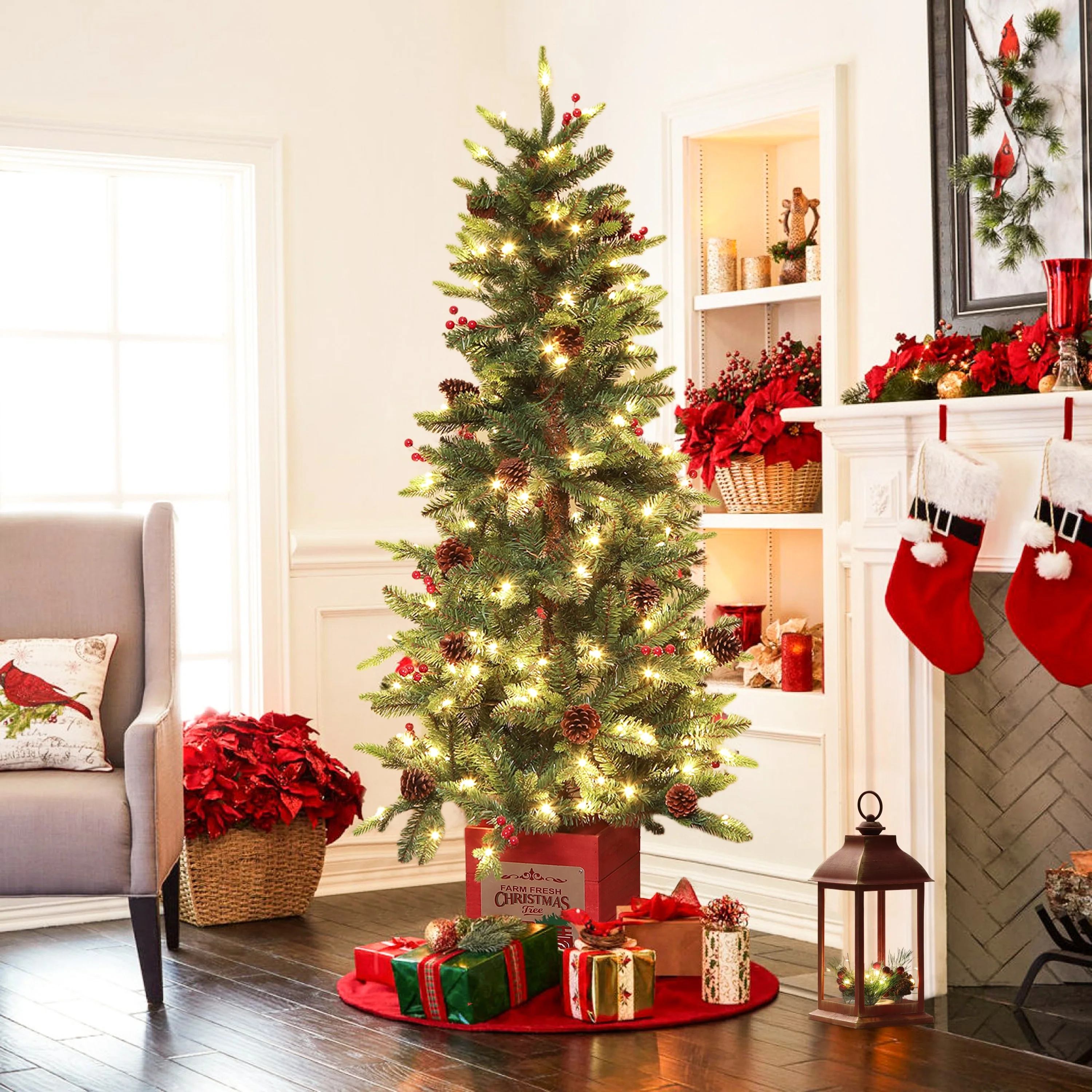 Red and Gold Rustic Christmas Holiday Berry and Pine Cone LED Lantern - 12