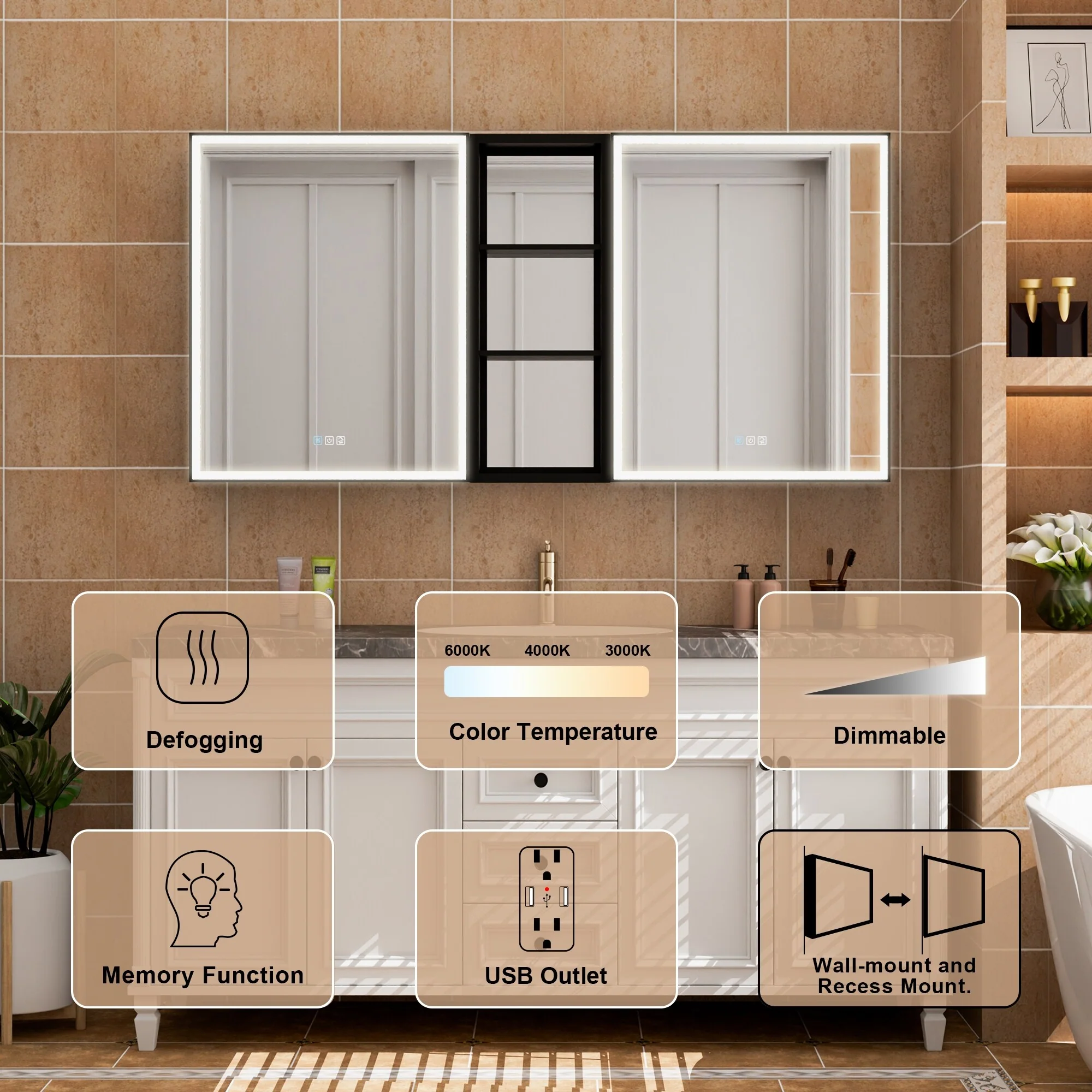 30 in. H Recessed or Surface Wall Mounted LED Mirror Cabinet With Black Side Cabinet