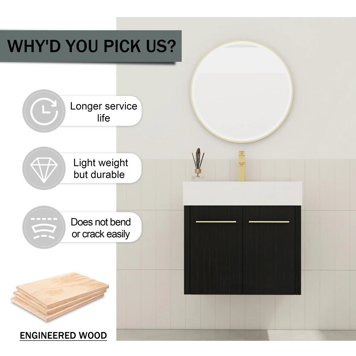 Bathroom Vanity With Sink In 24/30/36 Inch, Floating Bathroom Vanity with Soft Close Door