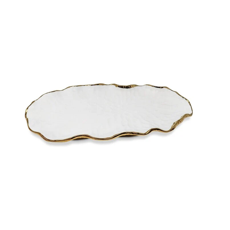 New Bone China Oval Tray with Gold Scalloped Edge - white