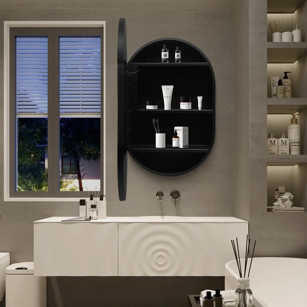 LED Oval Black Metal Framed Wall mount Bathroom Medicine Cabinet