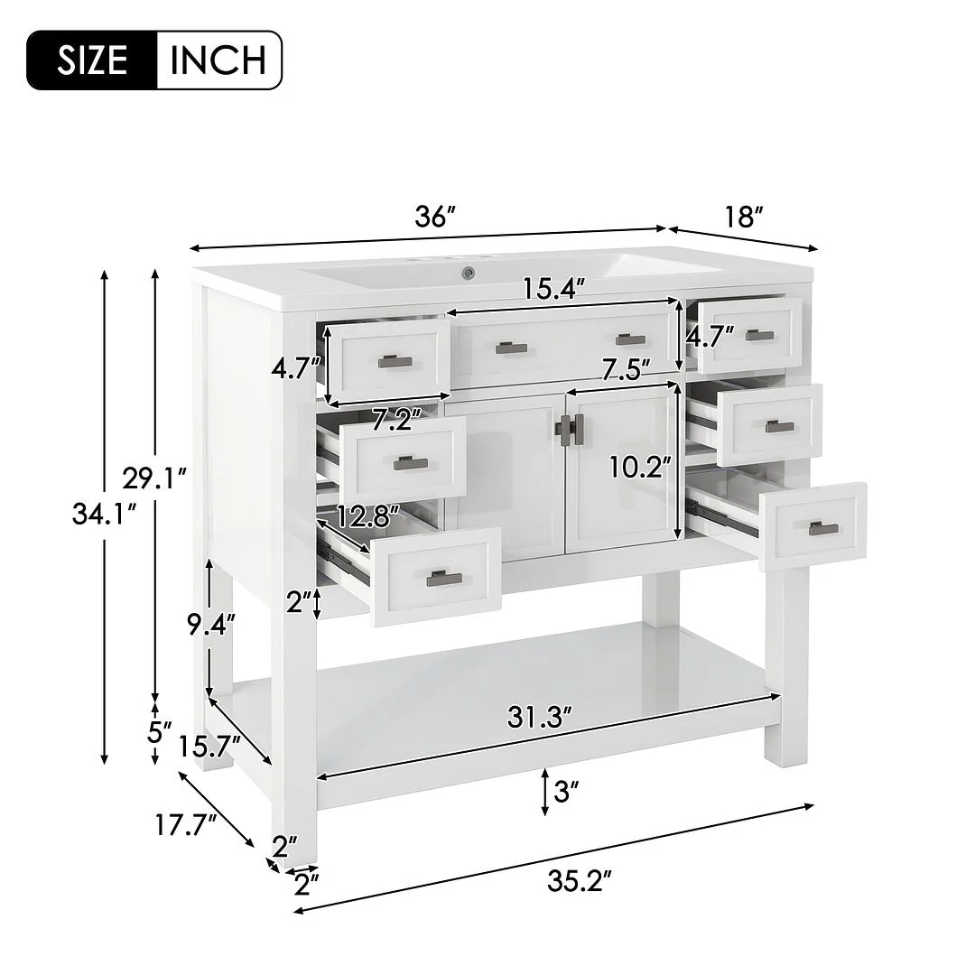 36'' Modern Bathroom Bathroom Vanity with Sink and 6 Drawers，2 Soft Closing Doors