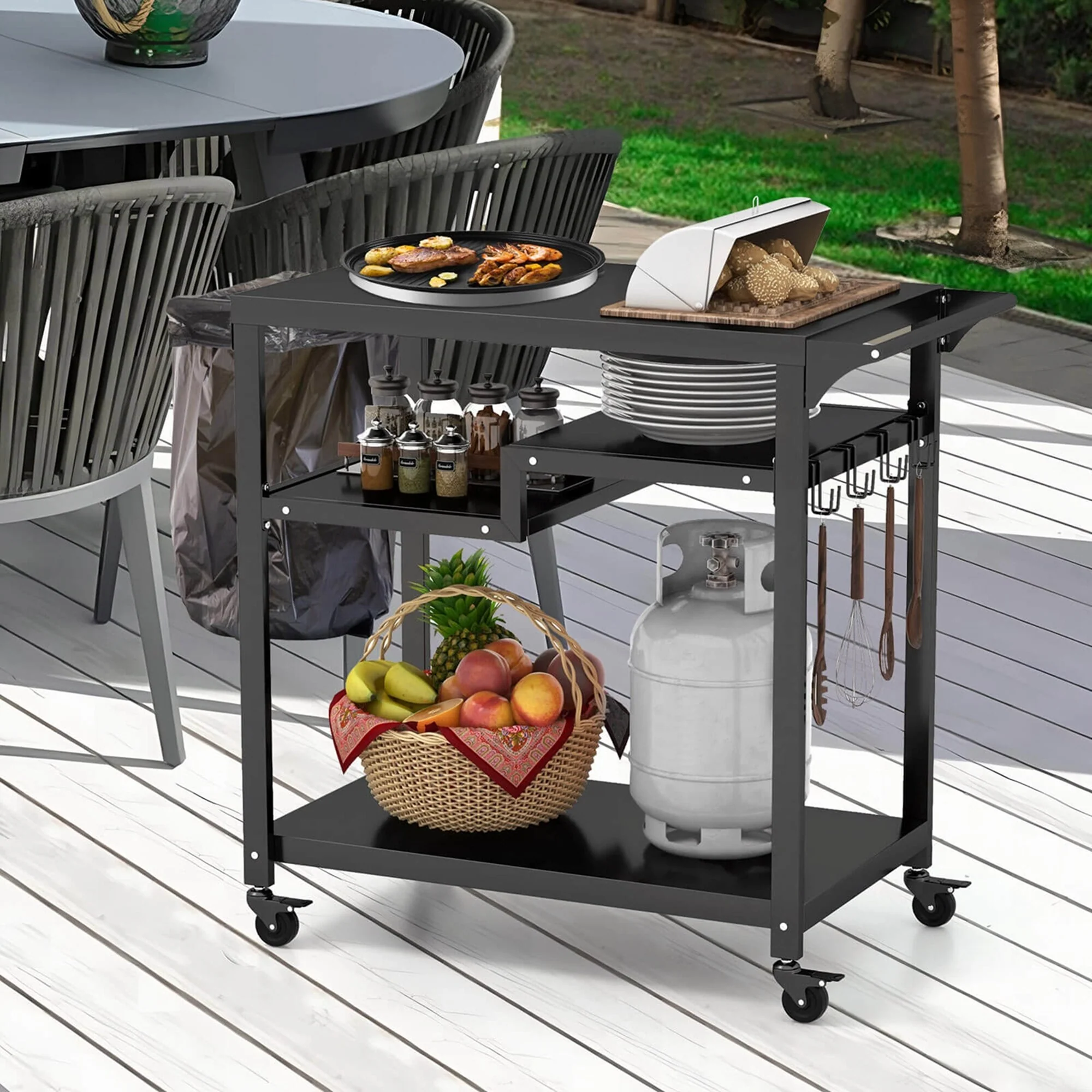 Costway Rolling Grill Cart 3-Shelf BBQ Table Pizza Oven Stand with - See Details