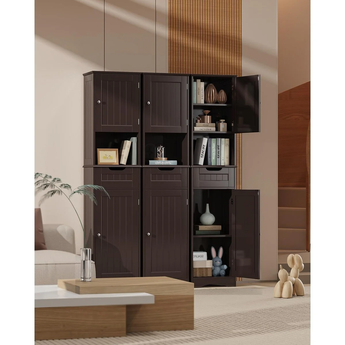 Freestanding Narrow Tall Bathroom Storage Cabinet with Adjustable Shelves, Door and Open Shelves