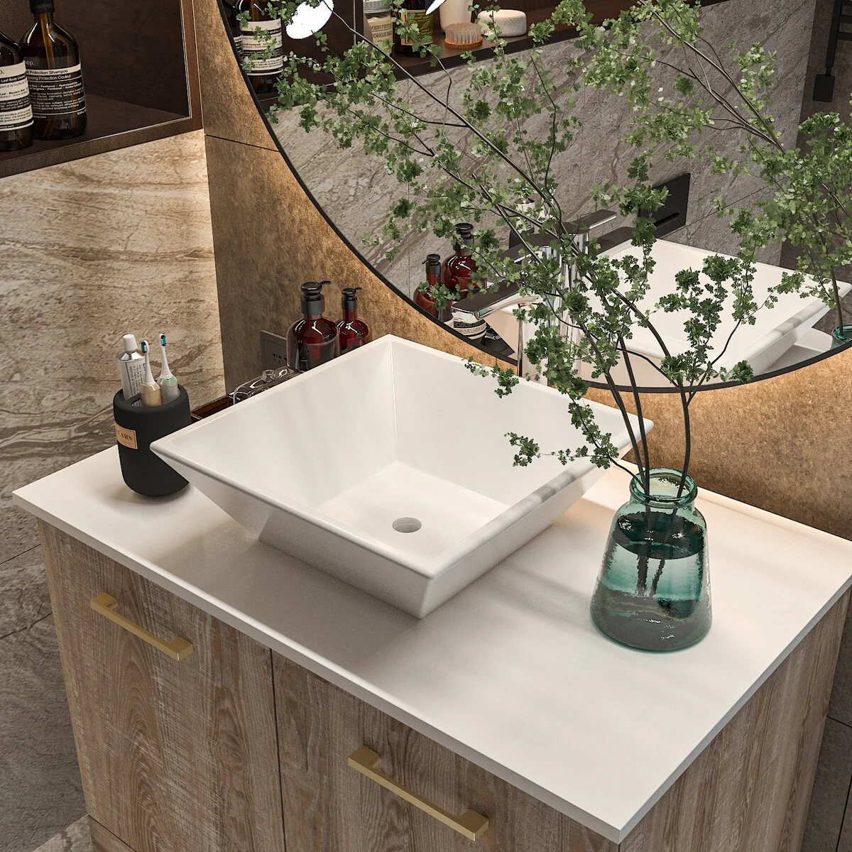 Bathroom Vanity with Ceramic Basin and Modern Medicine Cabinet Combo