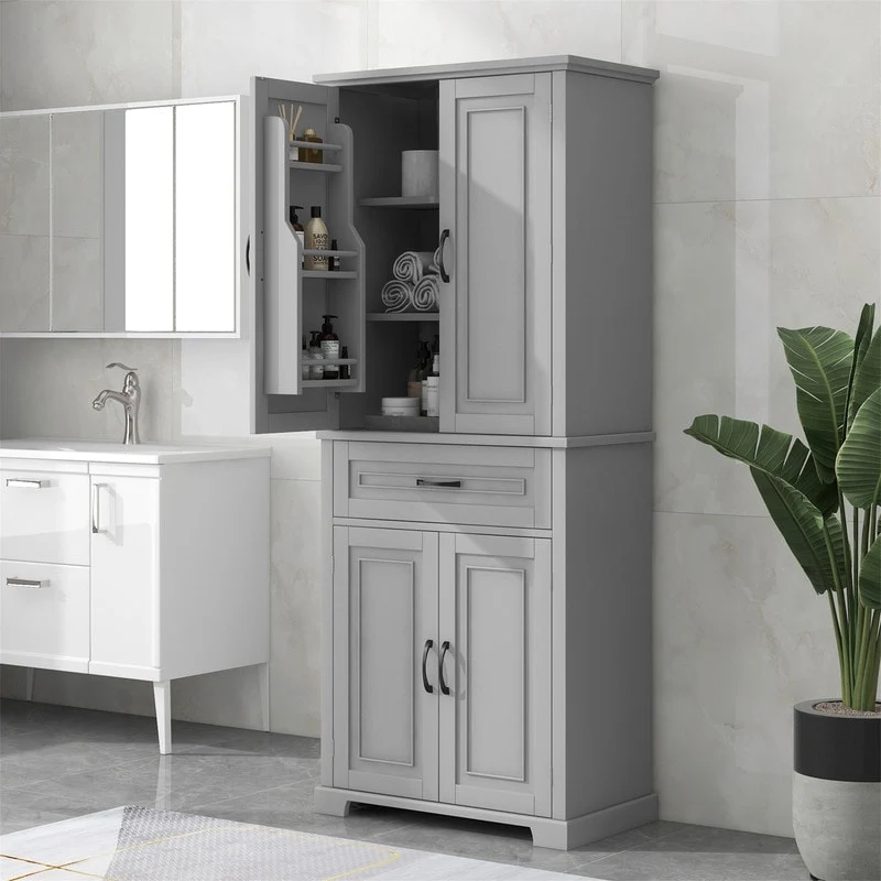 Bathroom Floor Cabinet, Freestanding Storage Cabinet with Doors and Drawer, Kitchen Cupboard with Adjustable Shelf