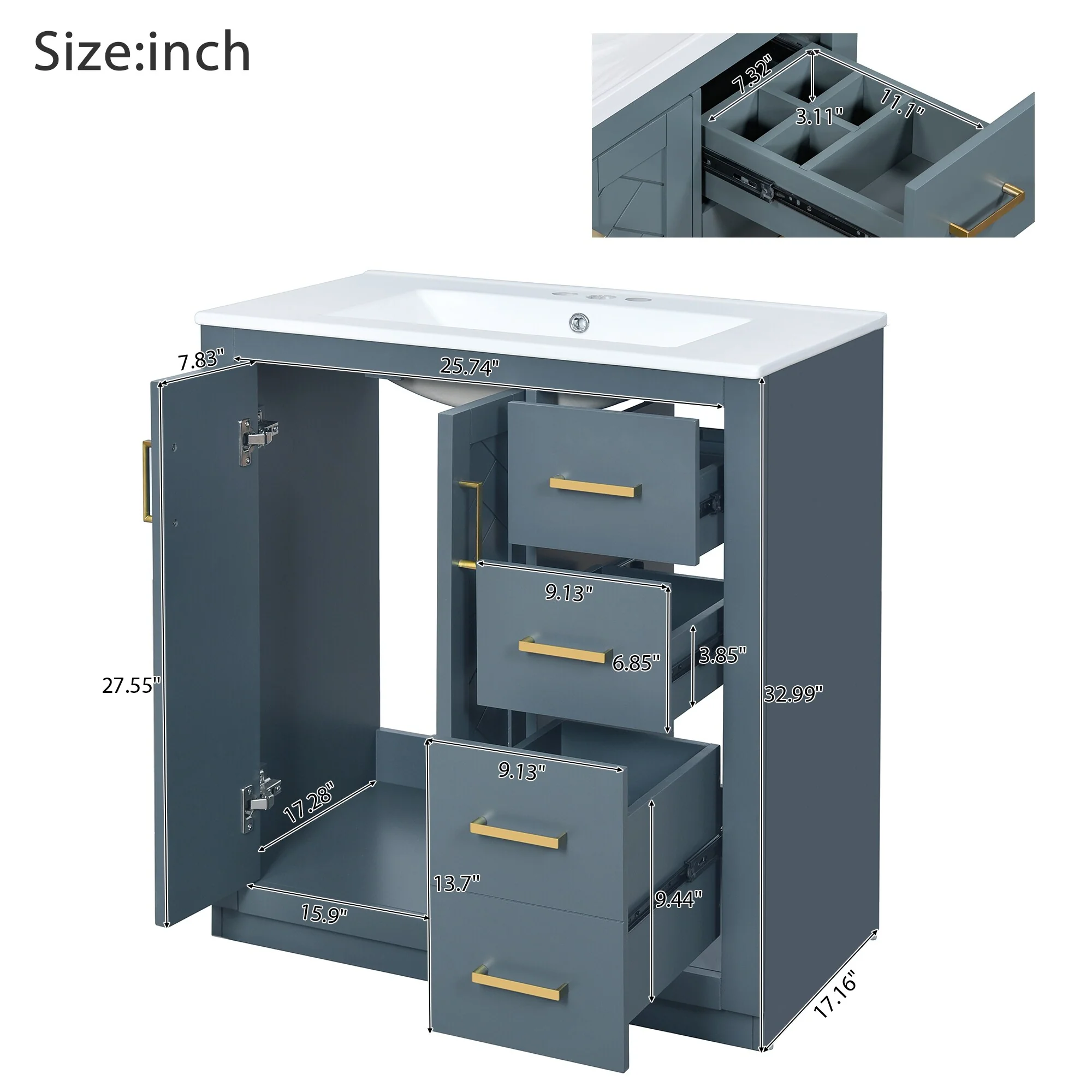 30'' Bathroom Vanity with Ceramic Sink Combo, Bathroom Storage Cabinet Vanity Set with 3 Drawers& Soft Closing Doors