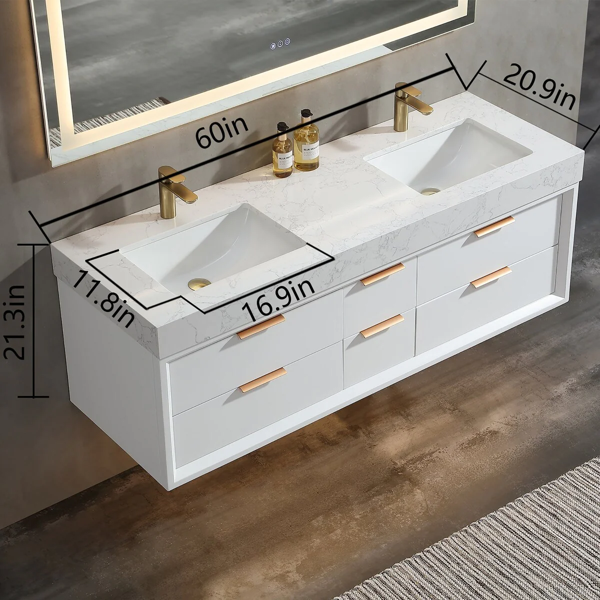 60 Inch Solid Wood Frame Wall-Mounted Bathroom Vanity Set with Double Ceramic Basin