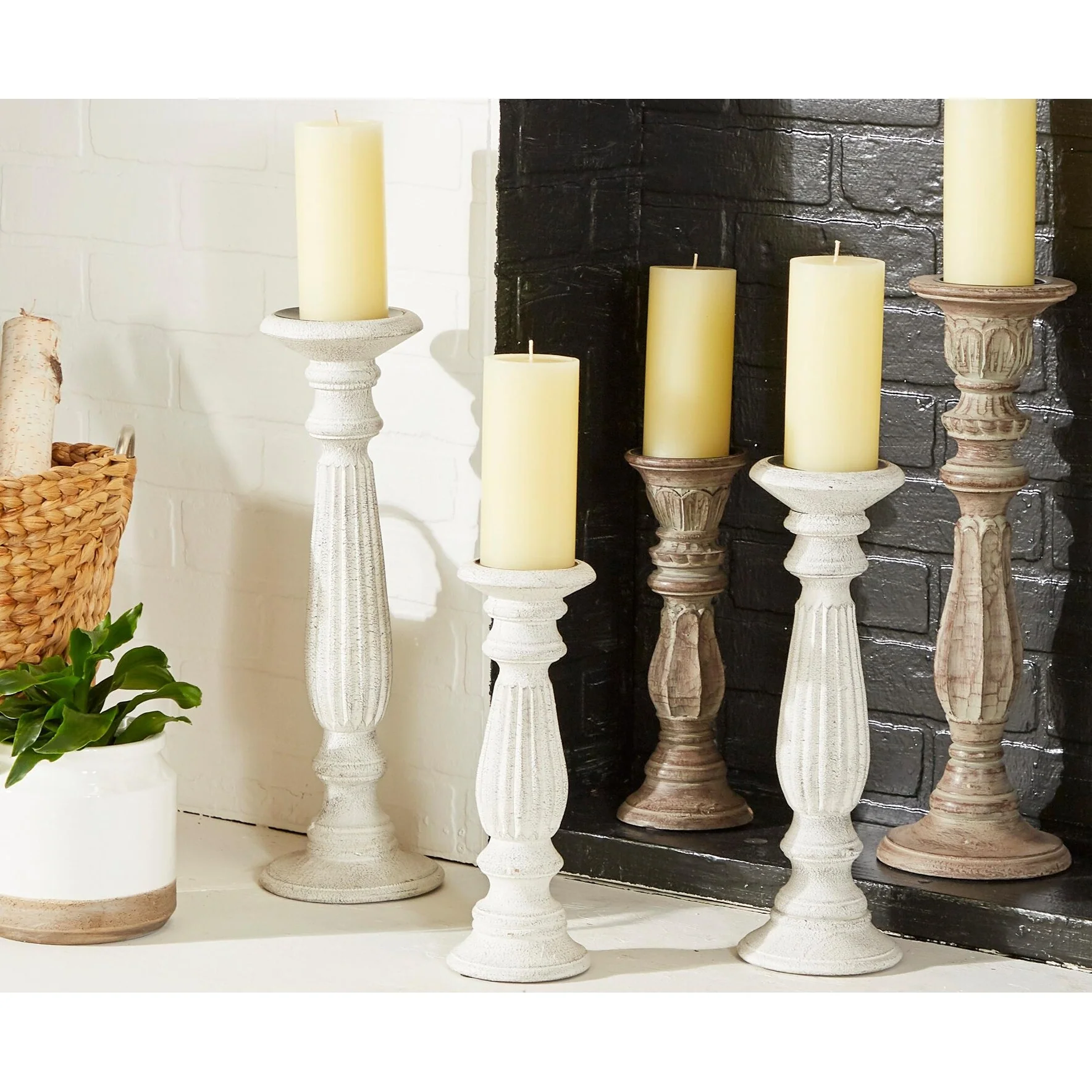 Traditional Mango Distressed Turned Pillar Wood Candle Holder (Set of 3) - Dark Brown, Beige, White