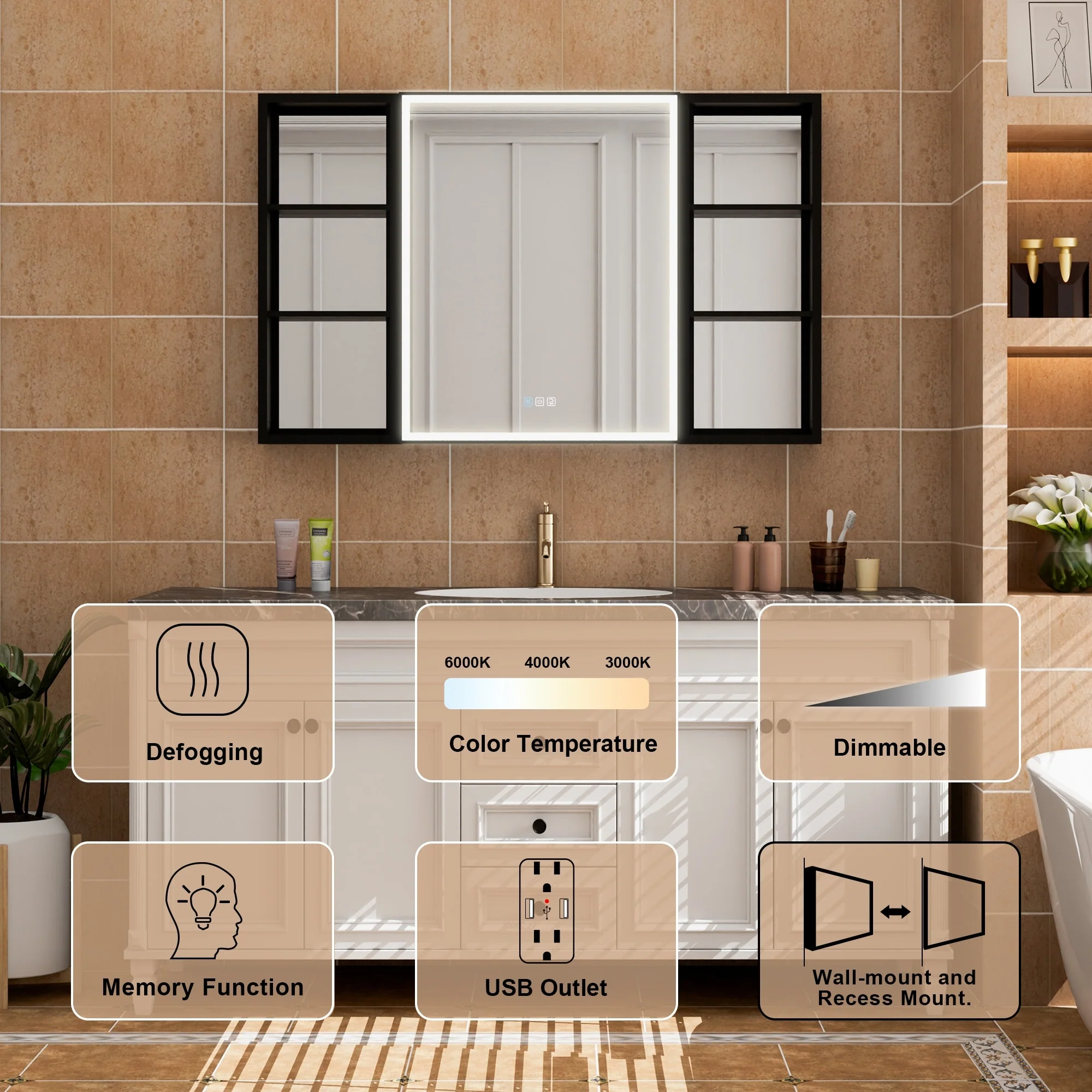 30 in. H Recessed or Surface Wall Mounted LED Mirror Cabinet With Black Side Cabinet