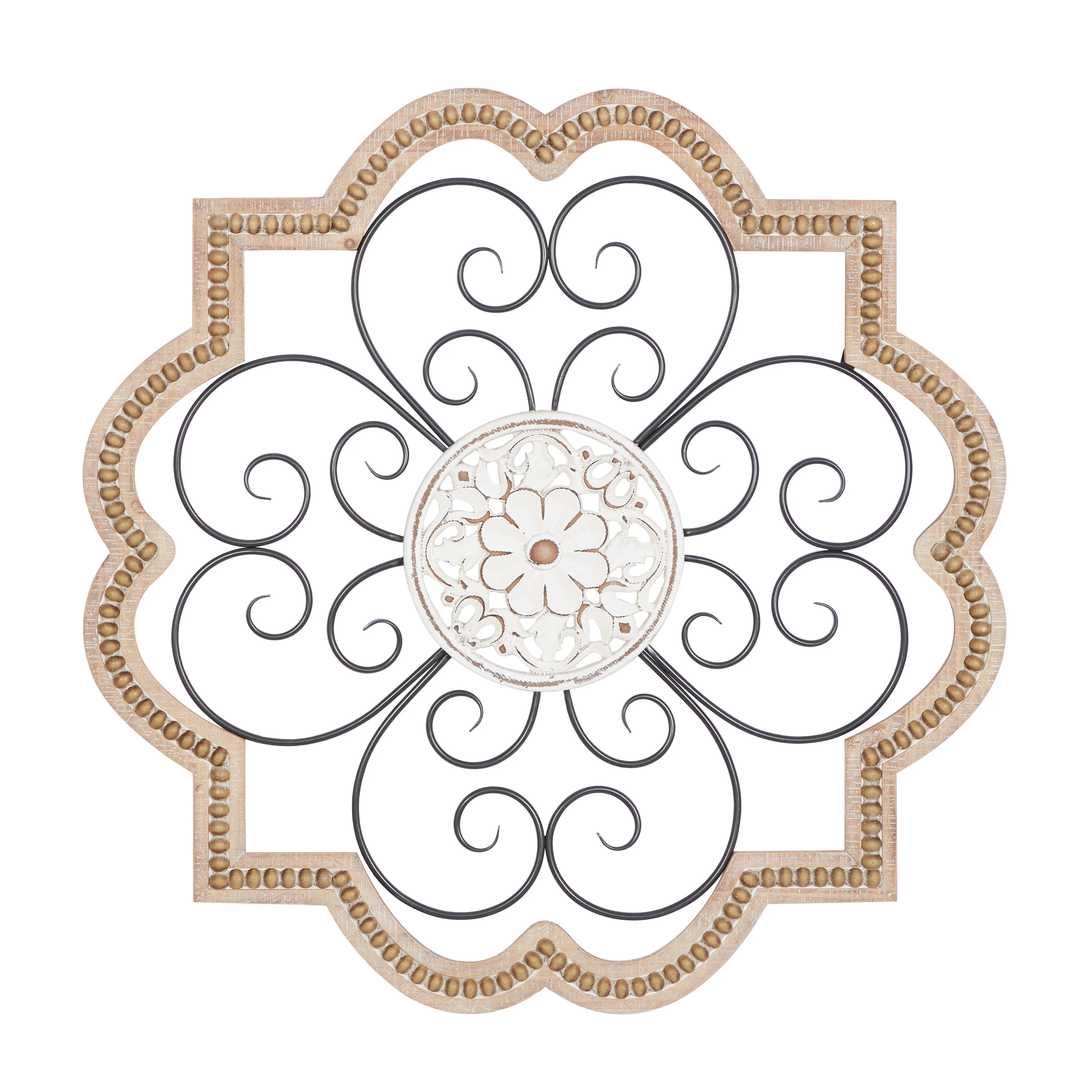 Wooden Scroll Carved Beading Wall Decor with Metal Accents - Brown - Roche River Decor