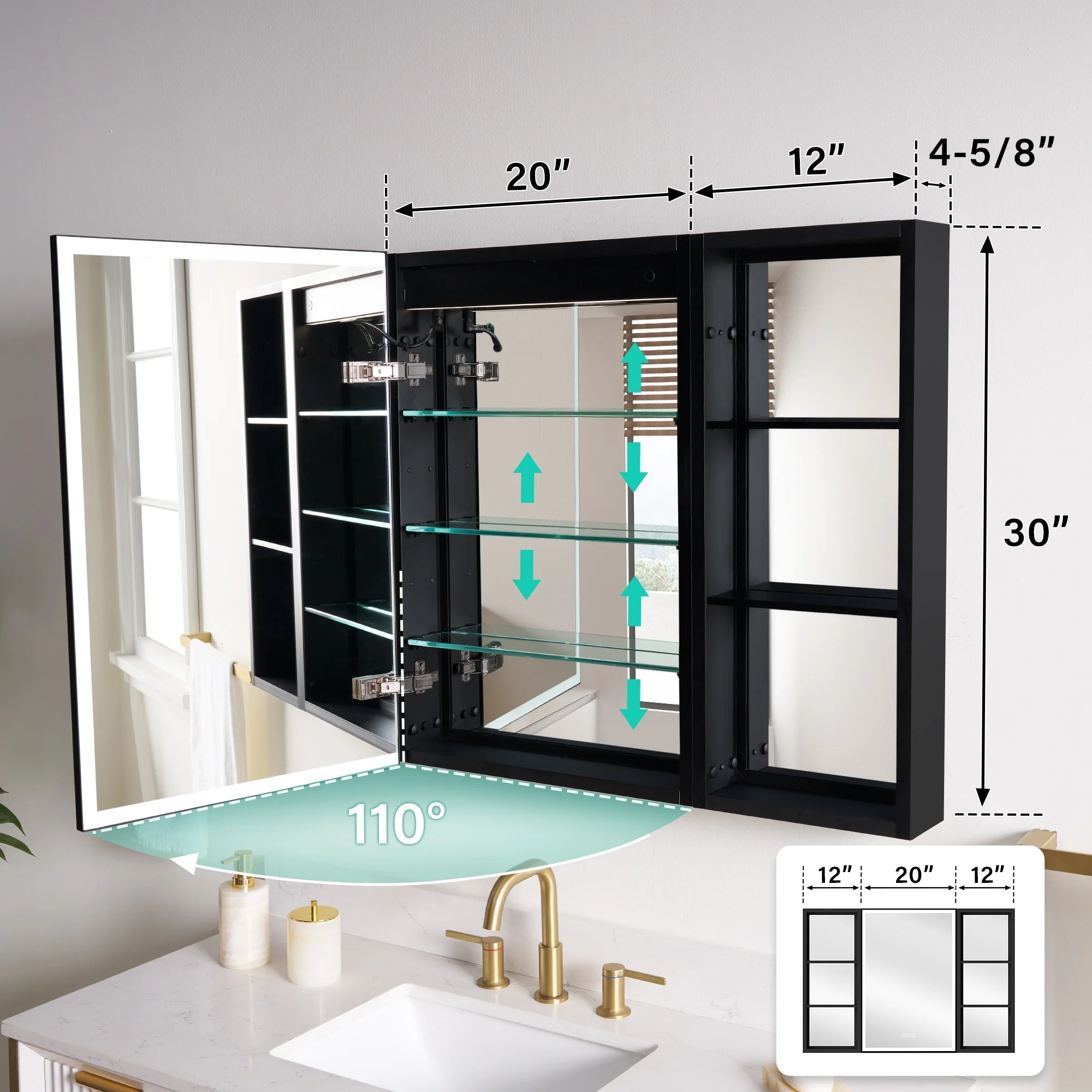 30 in. H Recessed or Surface Wall Mounted LED Mirror Cabinet With Black Side Cabinet